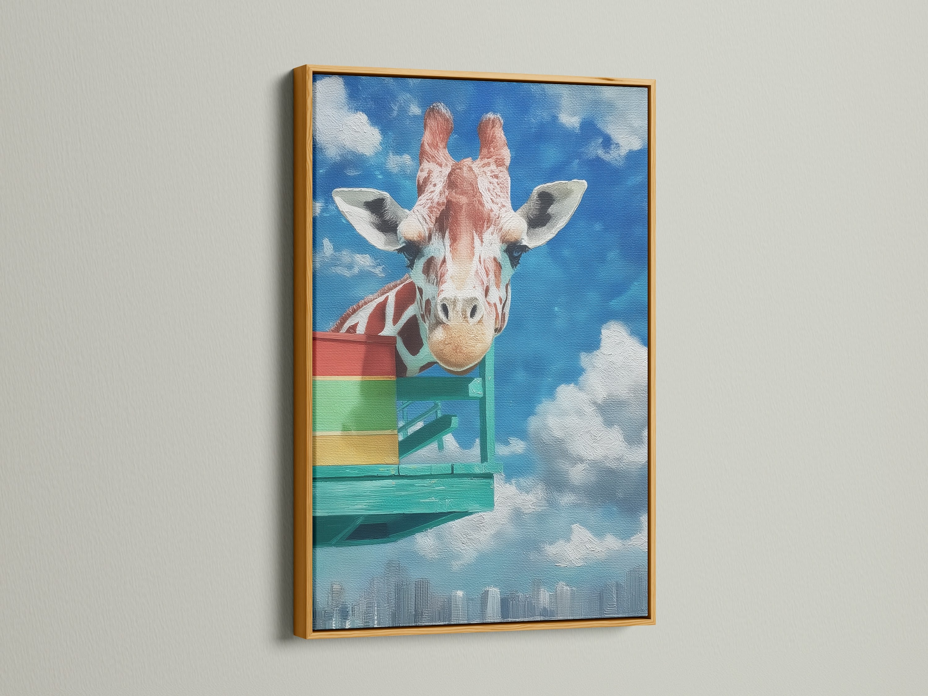 This giraffe artwork print radiates elegance in a gold frame. The colorful cityscape and animal artwork create a playful atmosphere. Ideal for adding a touch of whimsy to any room. The gold frame enhances the artwork's luxurious feel. Perfect for modern eclectic decor.