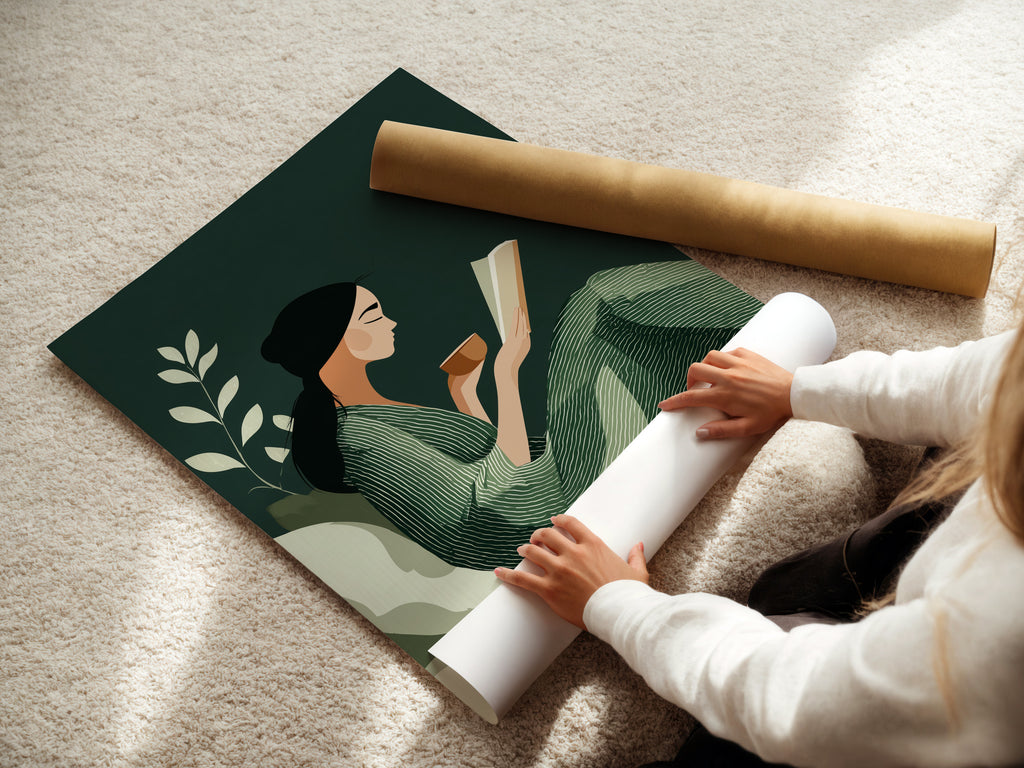 A woman is carefully rolling a fine art poster paper. The Reading Woman art is being prepared for display. Fine art paper ensures high-quality print reproduction. This ensures the sage green botanical artwork looks stunning in any setting. It's perfect for art collectors.