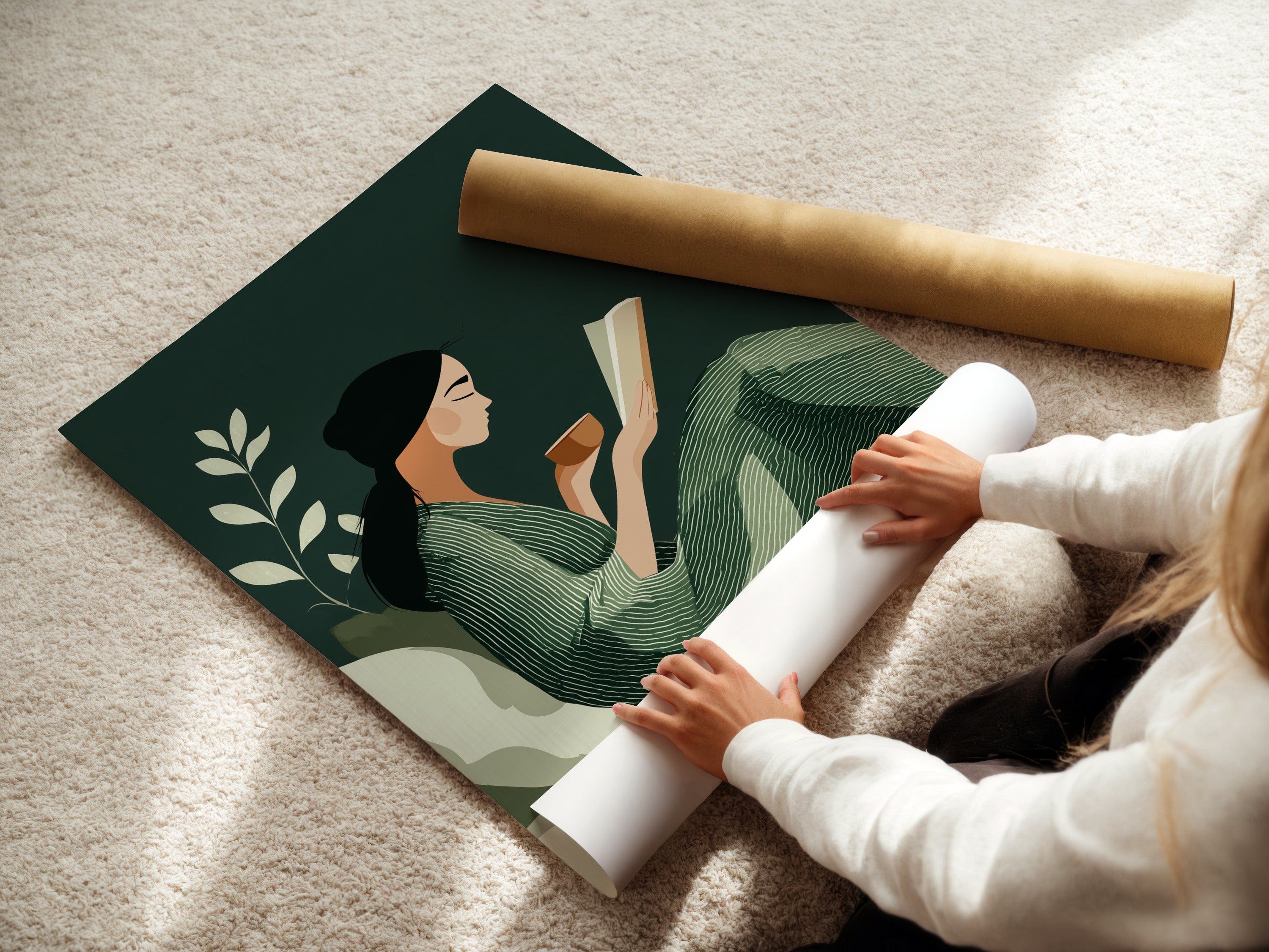 A woman is carefully rolling a fine art poster paper. The Reading Woman art is being prepared for display. Fine art paper ensures high-quality print reproduction. This ensures the sage green botanical artwork looks stunning in any setting. It's perfect for art collectors.