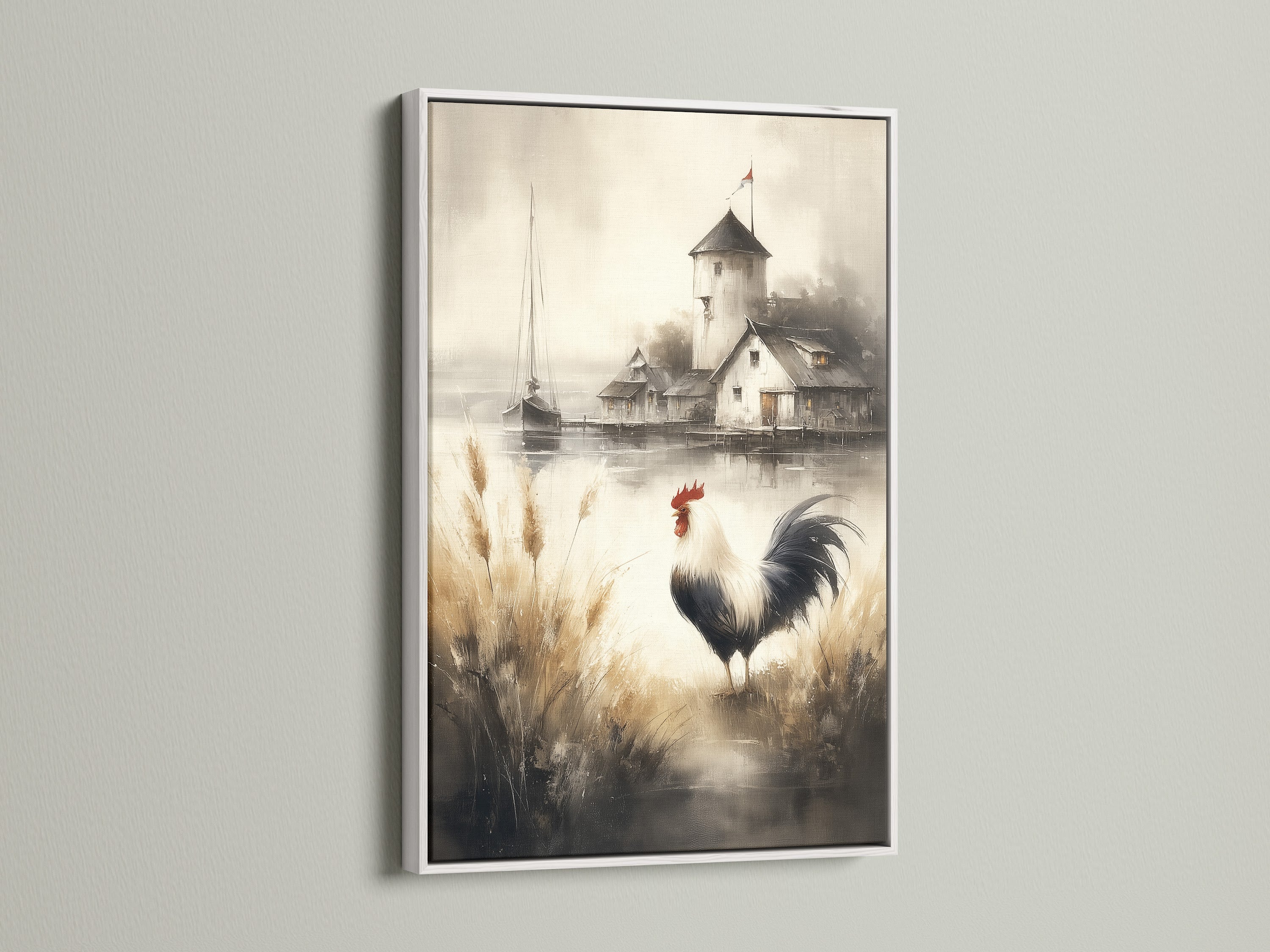 Rooster artwork set in a white frame. This vintage watercolor painting adds brightness. Ideal country kitchen art for farmhouse decor. This canvas print brings a rural landscape to your walls. Perfect as cottage art.