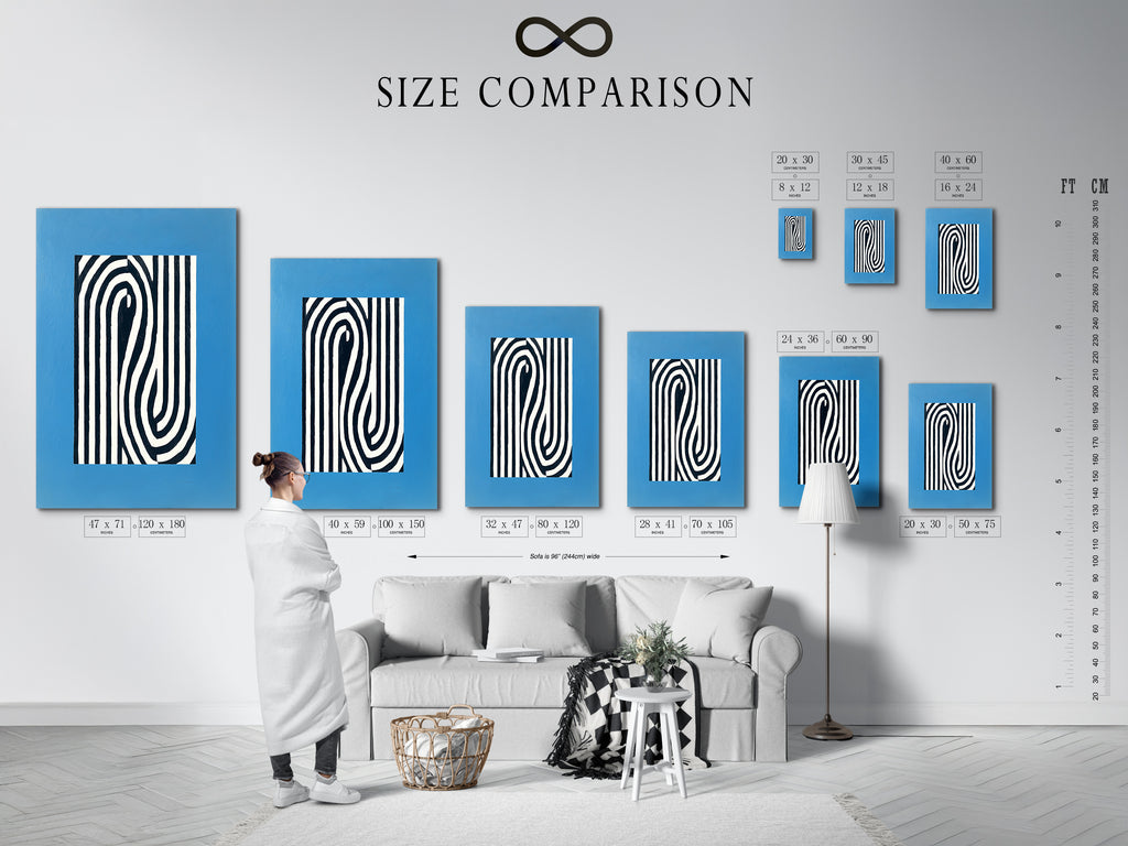 A size comparison chart displayed in an interior setting. This chart helps visualize different art print sizes. It shows how artwork fits in various spaces. Find the perfect size for your wall art needs. Use our chart to plan your art installation.