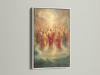 This stunning religious art canvas print of Jesus Christ with Apostles is set in a white frame. It's an eye-catching piece of Christian home decor. This artwork brings a sense of peace and spirituality. It's ideal for prayer rooms or as a meaningful gift.