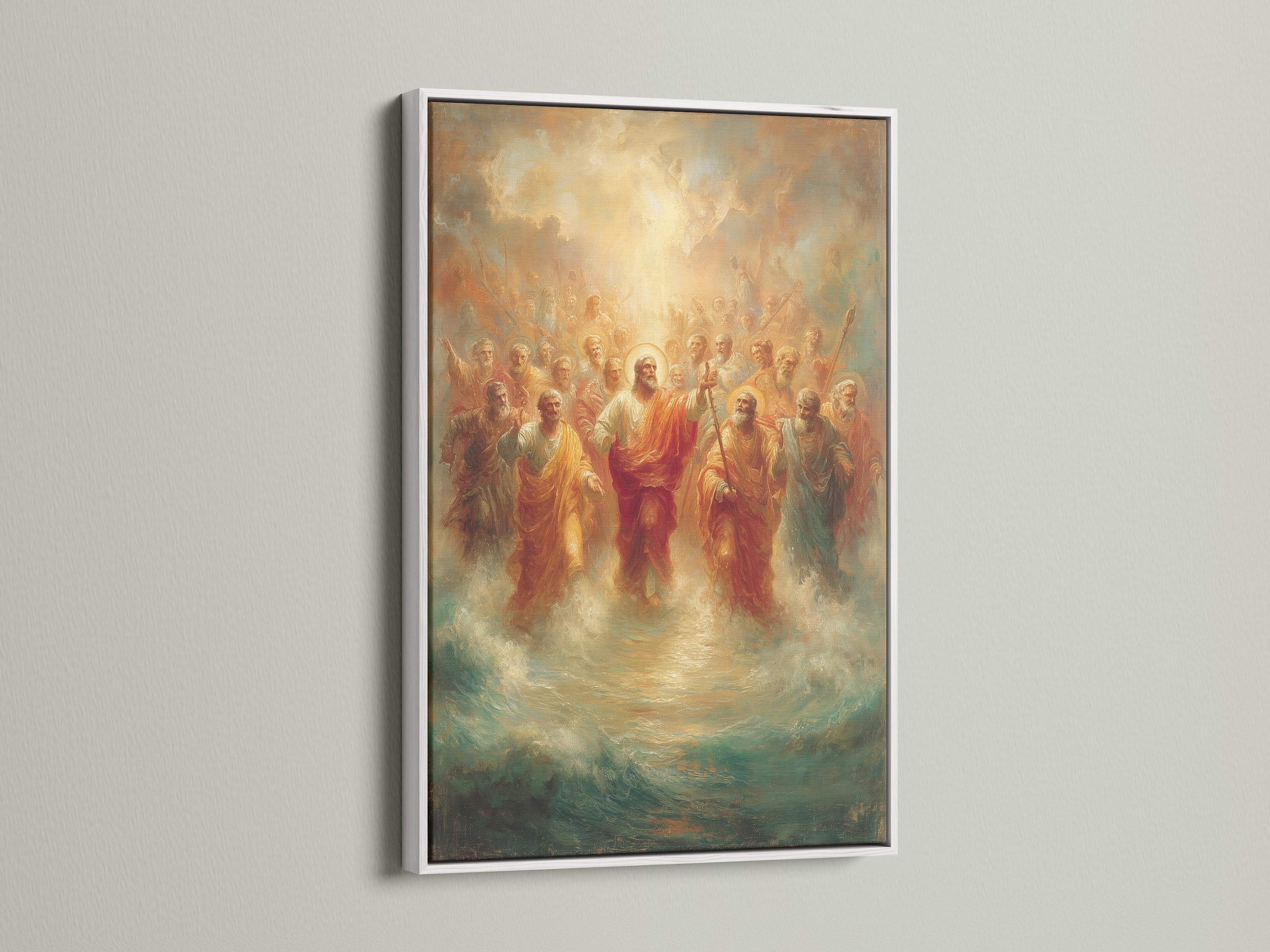 This stunning religious art canvas print of Jesus Christ with Apostles is set in a white frame. It's an eye-catching piece of Christian home decor. This artwork brings a sense of peace and spirituality. It's ideal for prayer rooms or as a meaningful gift.