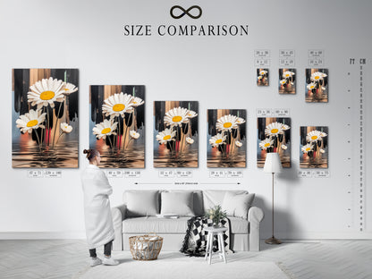 A size comparison chart is shown in an interior setting with the daisy artwork. See how the floral canvas print fits in different spaces. Choose the perfect size for your wall decor needs. Enhance your room with modern botanical art.