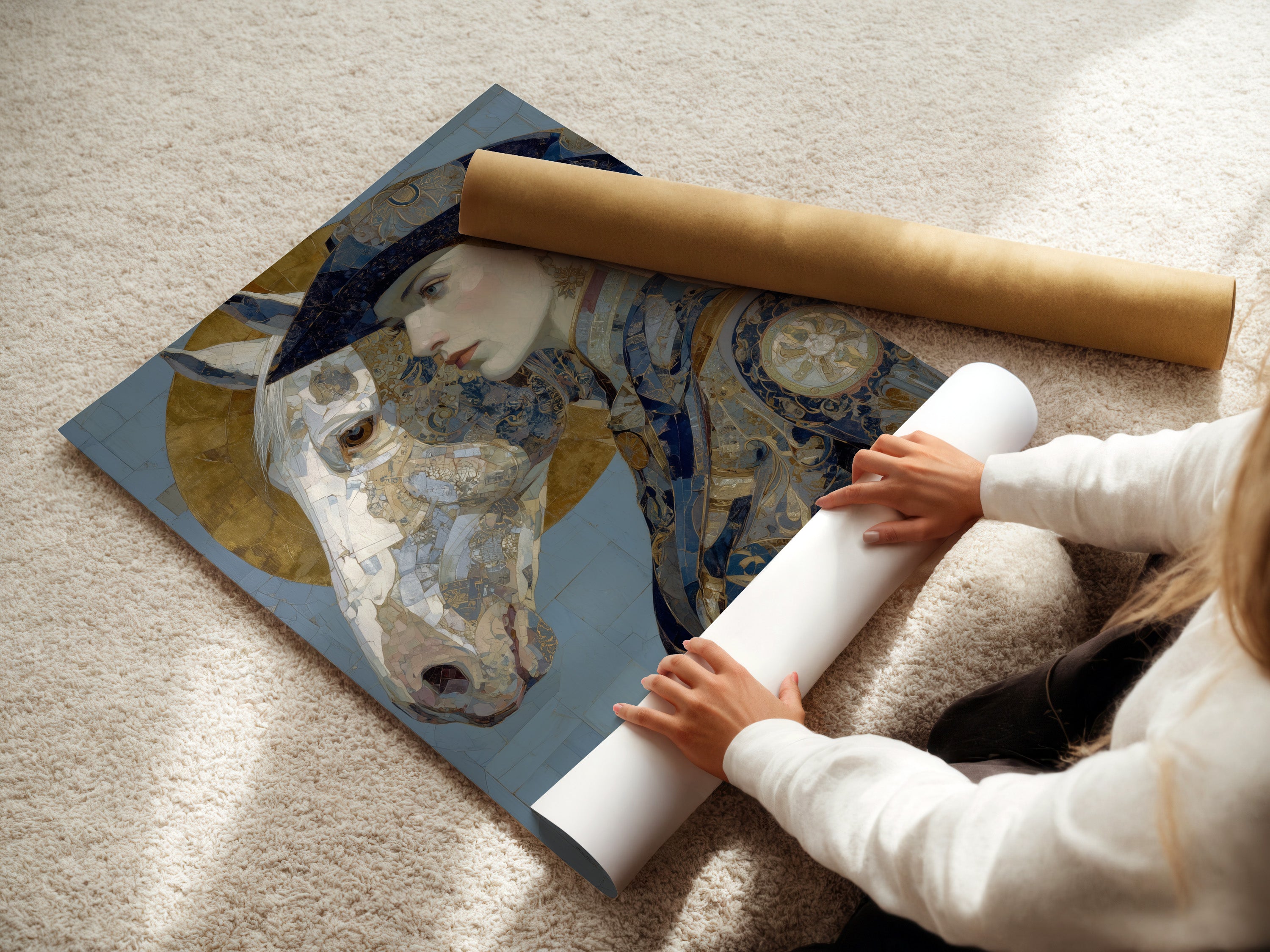 A woman is carefully rolling a fine art poster paper featuring an Art Nouveau Woman artwork. The artwork shows a vintage portrait of a woman and horse in blue and gold. This poster paper is perfect for those seeking a vintage or bohemian style. Bring elegance to your home with this ornamental print.