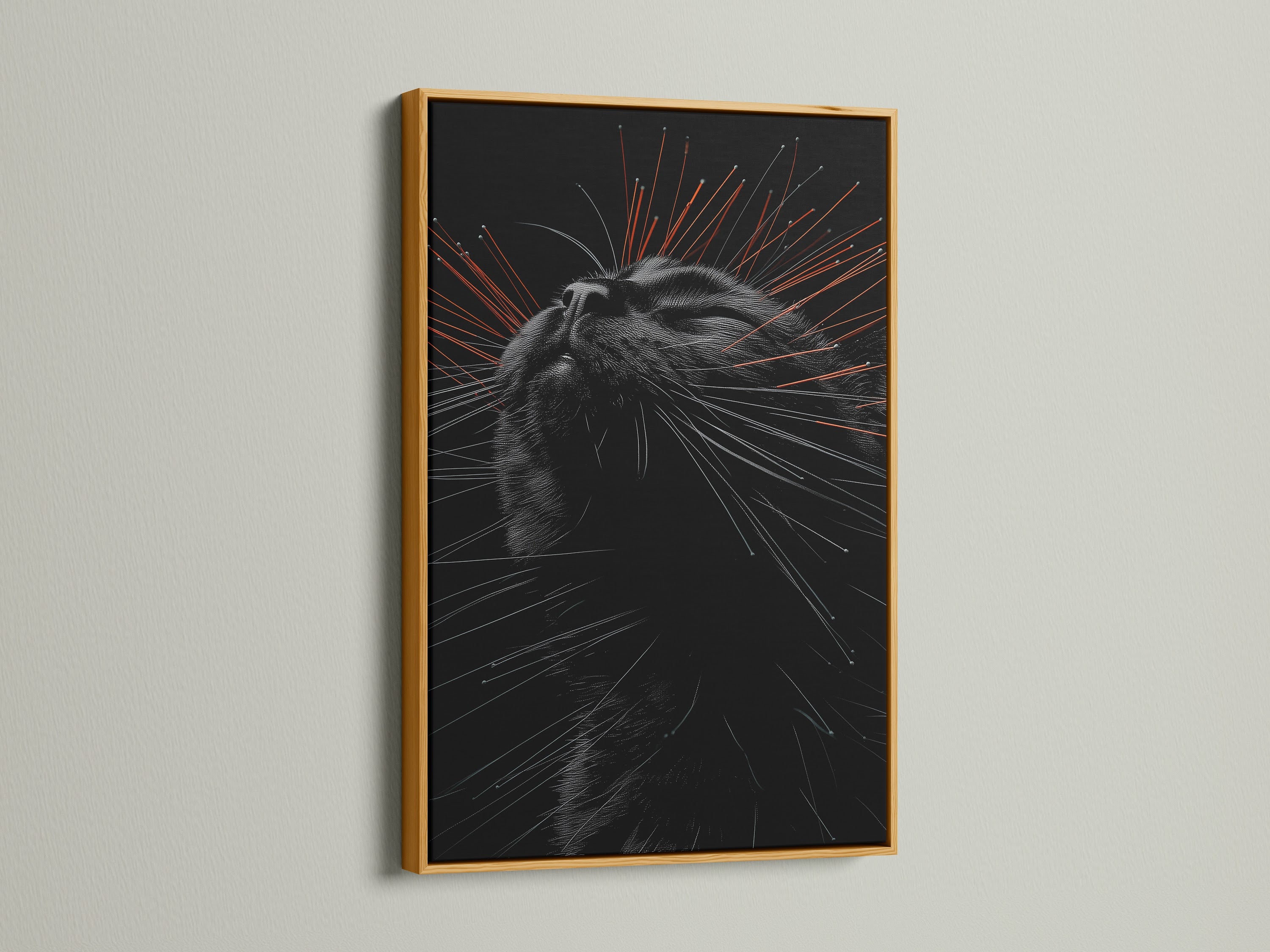 A luxurious gold frame showcases a charming cat portrait canvas print. This feline art piece brings warmth and elegance to your decor. Perfect as a cat lover gift or to enhance your living room wall art. Explore our artwork today.