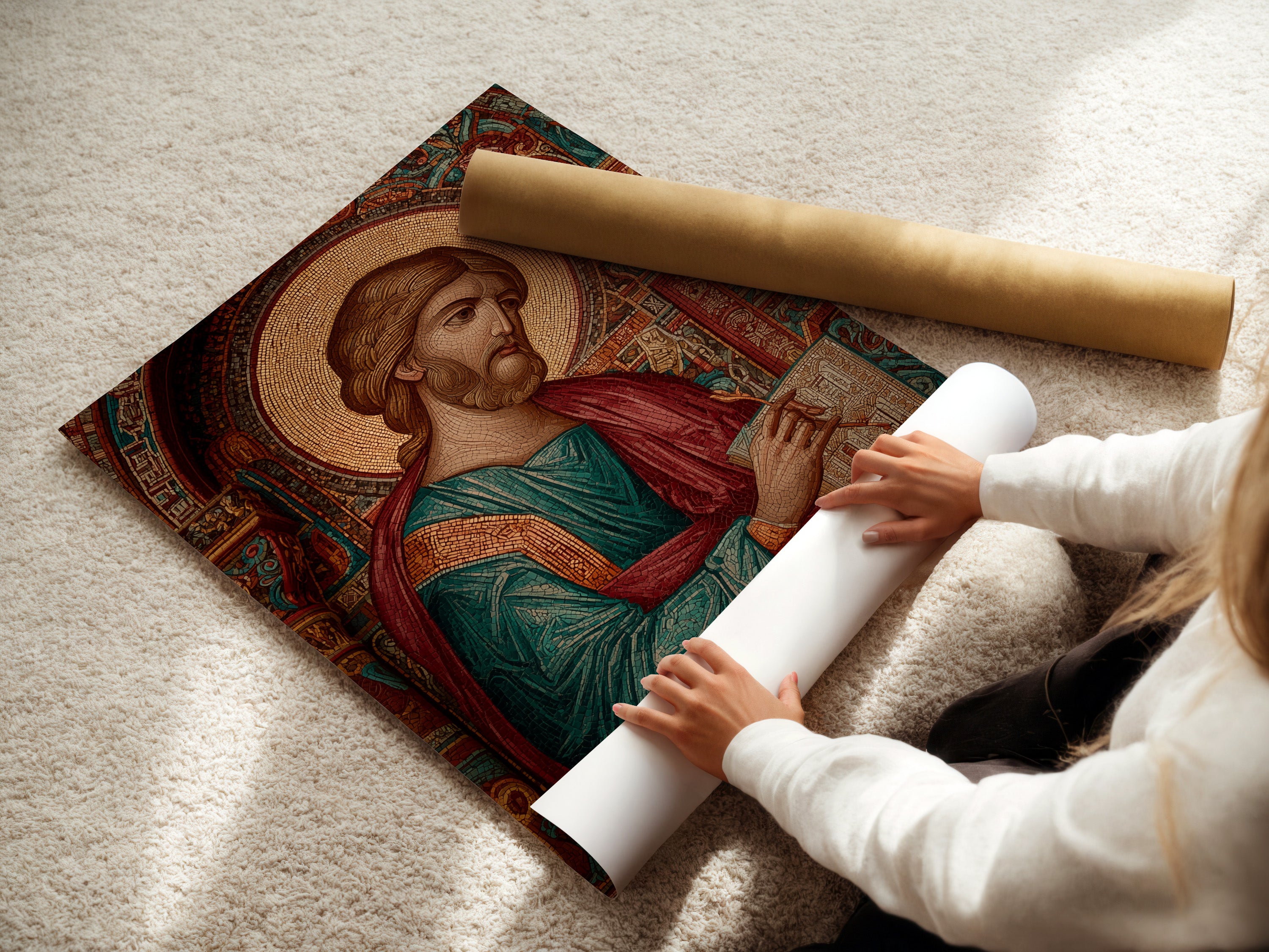 A woman is carefully rolling a fine art poster paper. The paper is high-quality. She is preparing it for framing or display. Get ready to add art to your walls. Explore our fine art prints today.