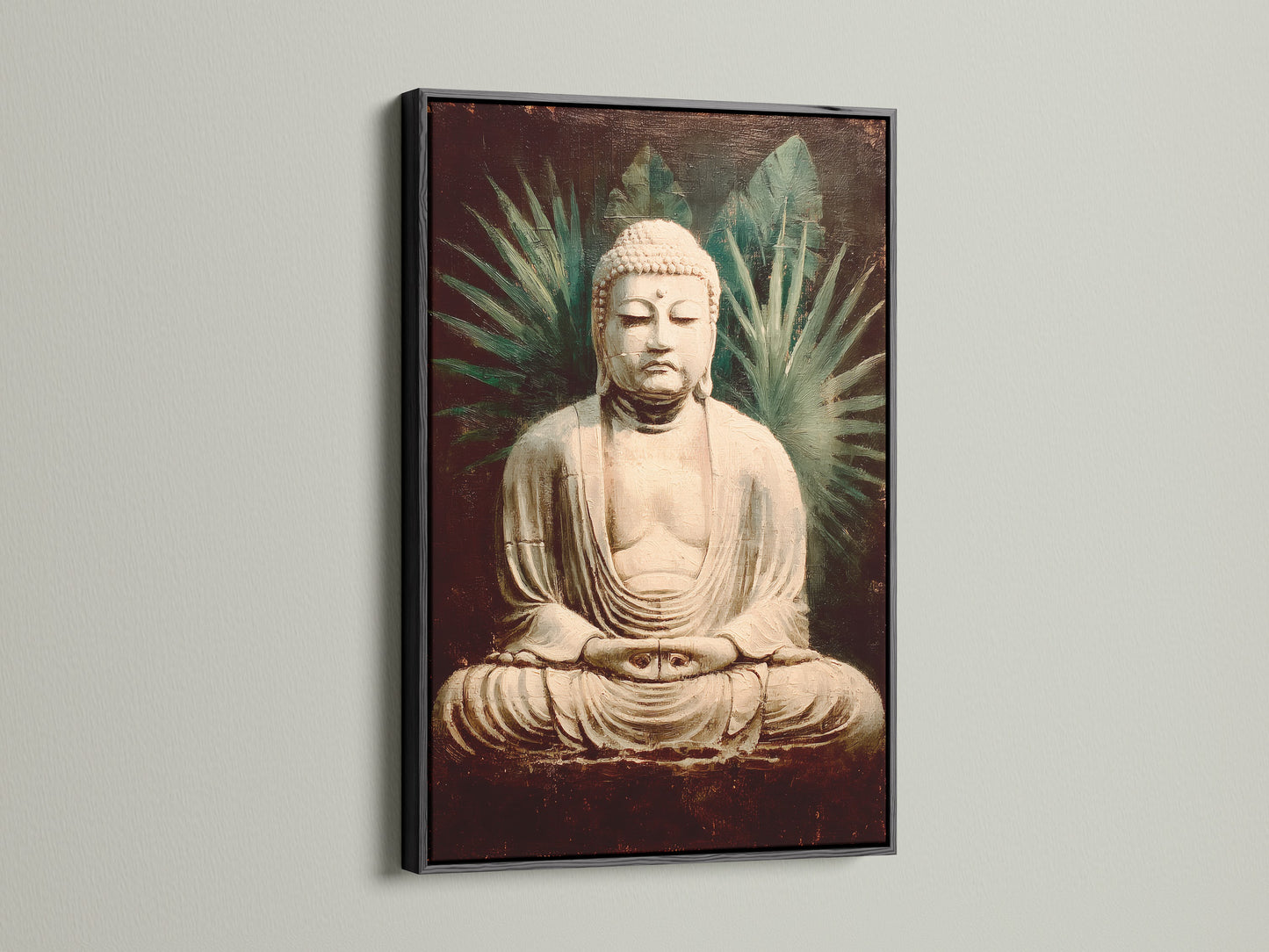 Vintage Buddha artwork showcased in a black frame. This spiritual zen decor adds sophistication. The black frame makes the art pop. Perfect for meditation space or yoga studio art. Bring peace and calm to any room with this buddha art.