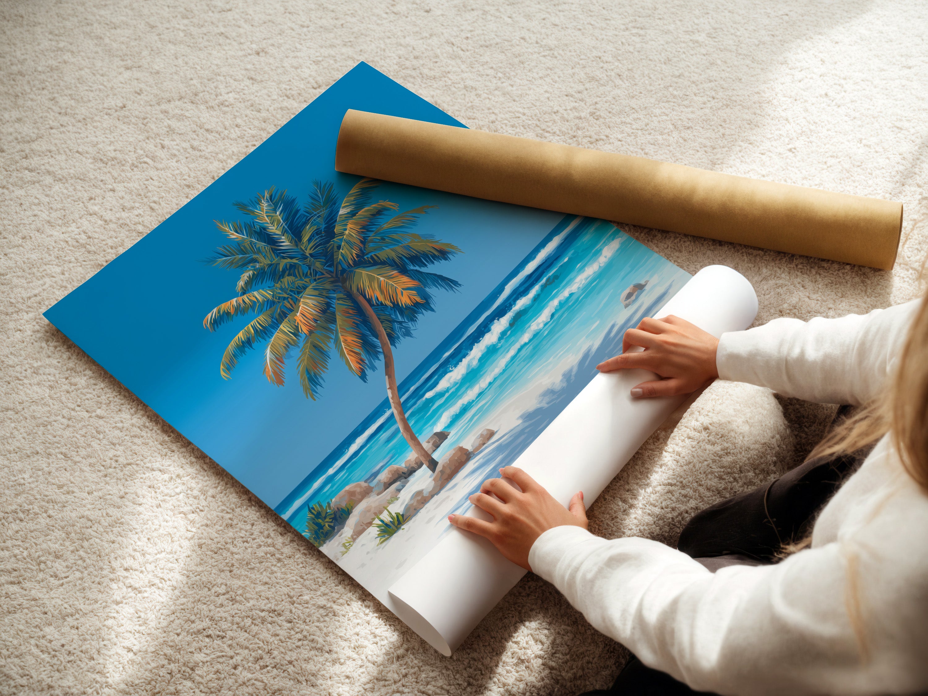 A woman carefully rolls a fine art poster paper featuring a tropical palm tree scene. The high-quality paper ensures the artwork's details are preserved. This beach ocean wall art is perfect for adding a touch of coastal charm. Ideal for creating a relaxing atmosphere in your home