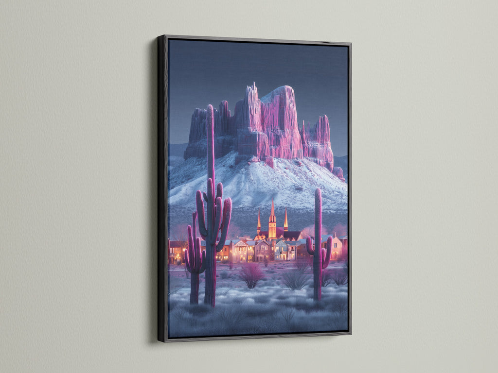 Modern Southwestern artwork. A pink cactus and mountain canvas print is displayed in a black frame. The artwork is a striking contrast to any interior. Ideal for living rooms bedrooms offices studios lobbies clinics cafes and boardrooms.