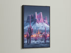 Modern Southwestern artwork. A pink cactus and mountain canvas print is displayed in a black frame. The artwork is a striking contrast to any interior. Ideal for living rooms bedrooms offices studios lobbies clinics cafes and boardrooms.