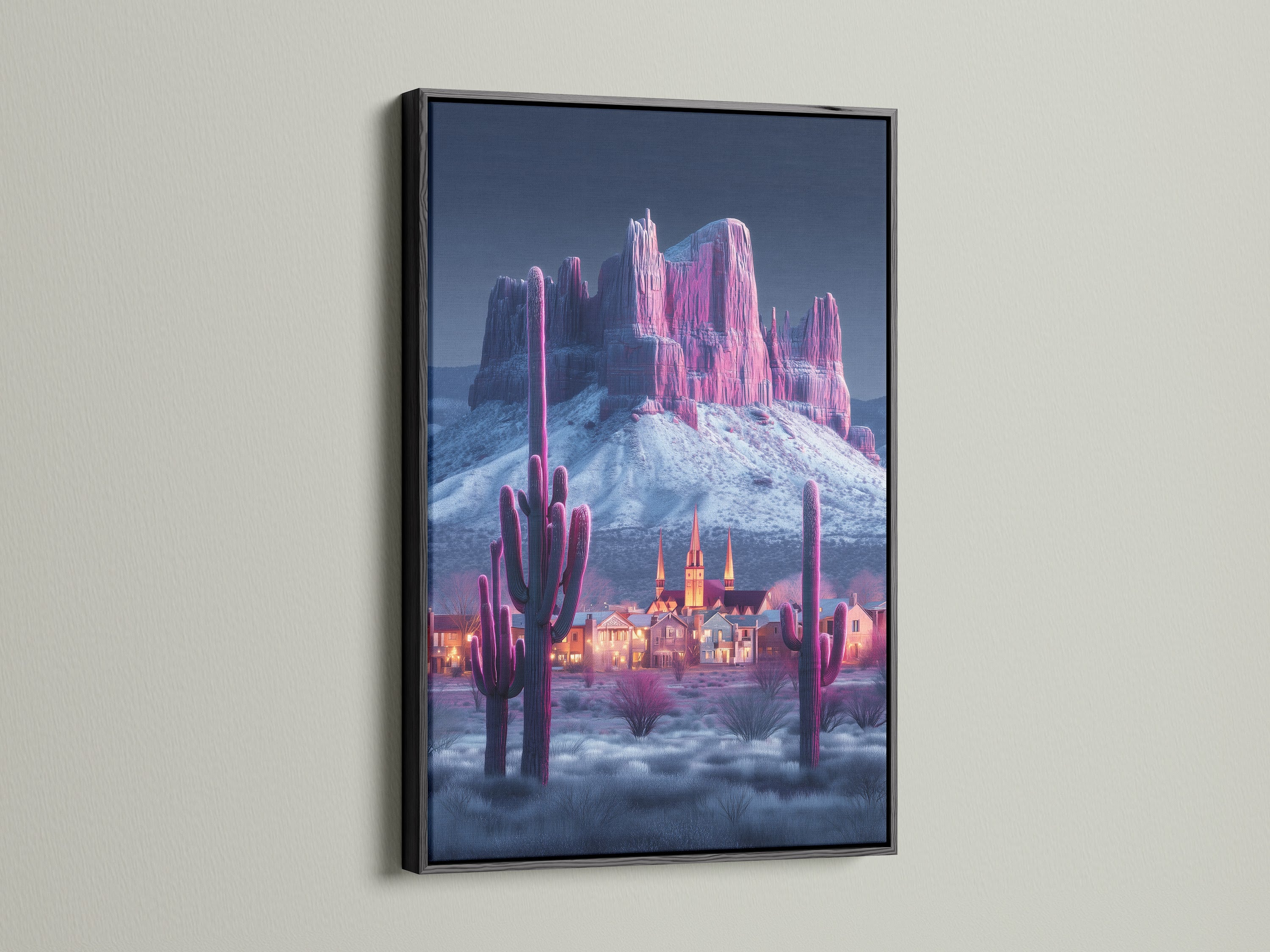 Modern Southwestern artwork. A pink cactus and mountain canvas print is displayed in a black frame. The artwork is a striking contrast to any interior. Ideal for living rooms bedrooms offices studios lobbies clinics cafes and boardrooms.