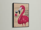 The pink flamingo art is shown in a black frame. This provides a bold contrast. It makes the colors pop. Ideal for creating a focal point in your space. A stylish choice for wine lovers.