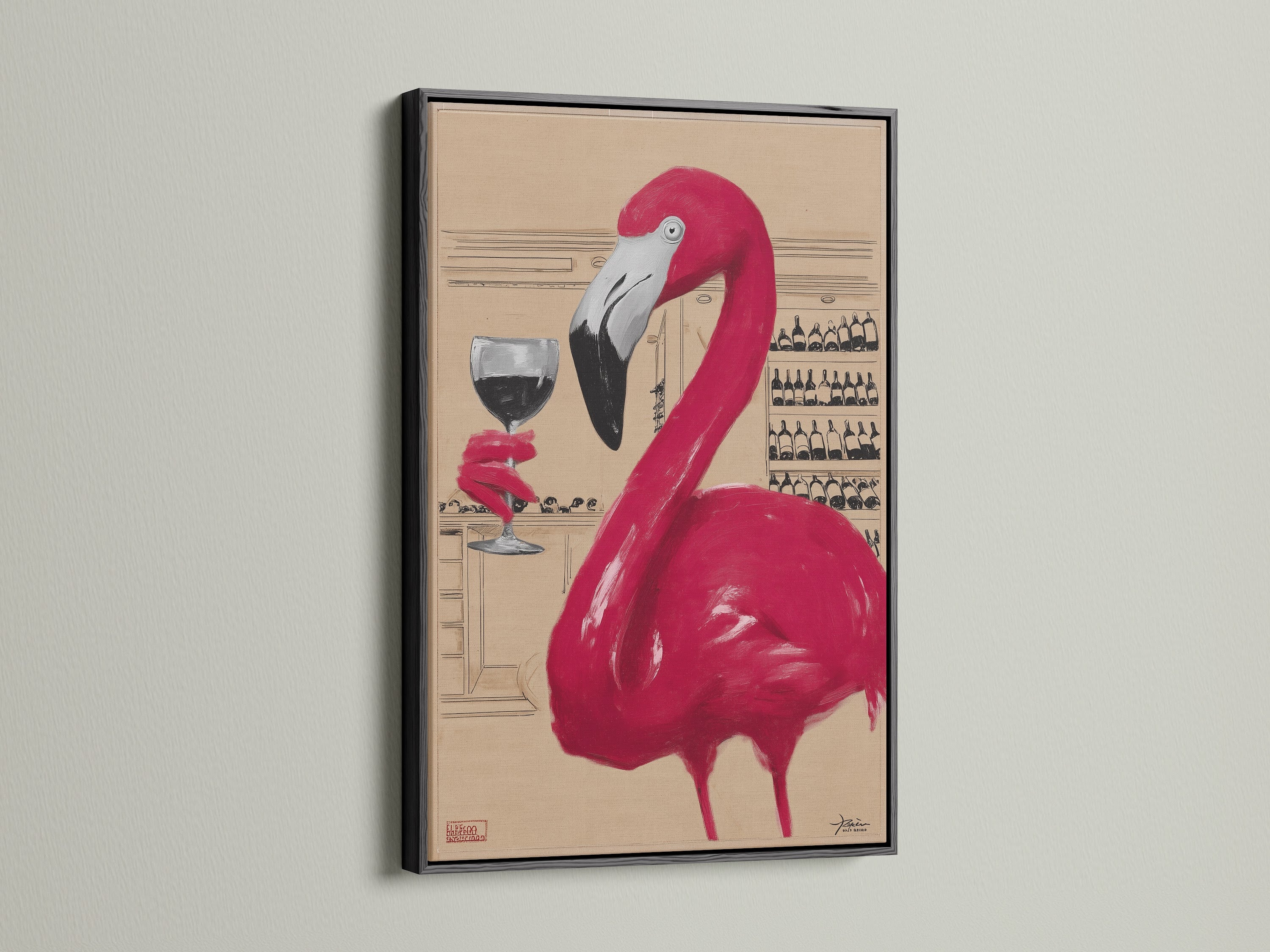 The pink flamingo art is shown in a black frame. This provides a bold contrast. It makes the colors pop. Ideal for creating a focal point in your space. A stylish choice for wine lovers.