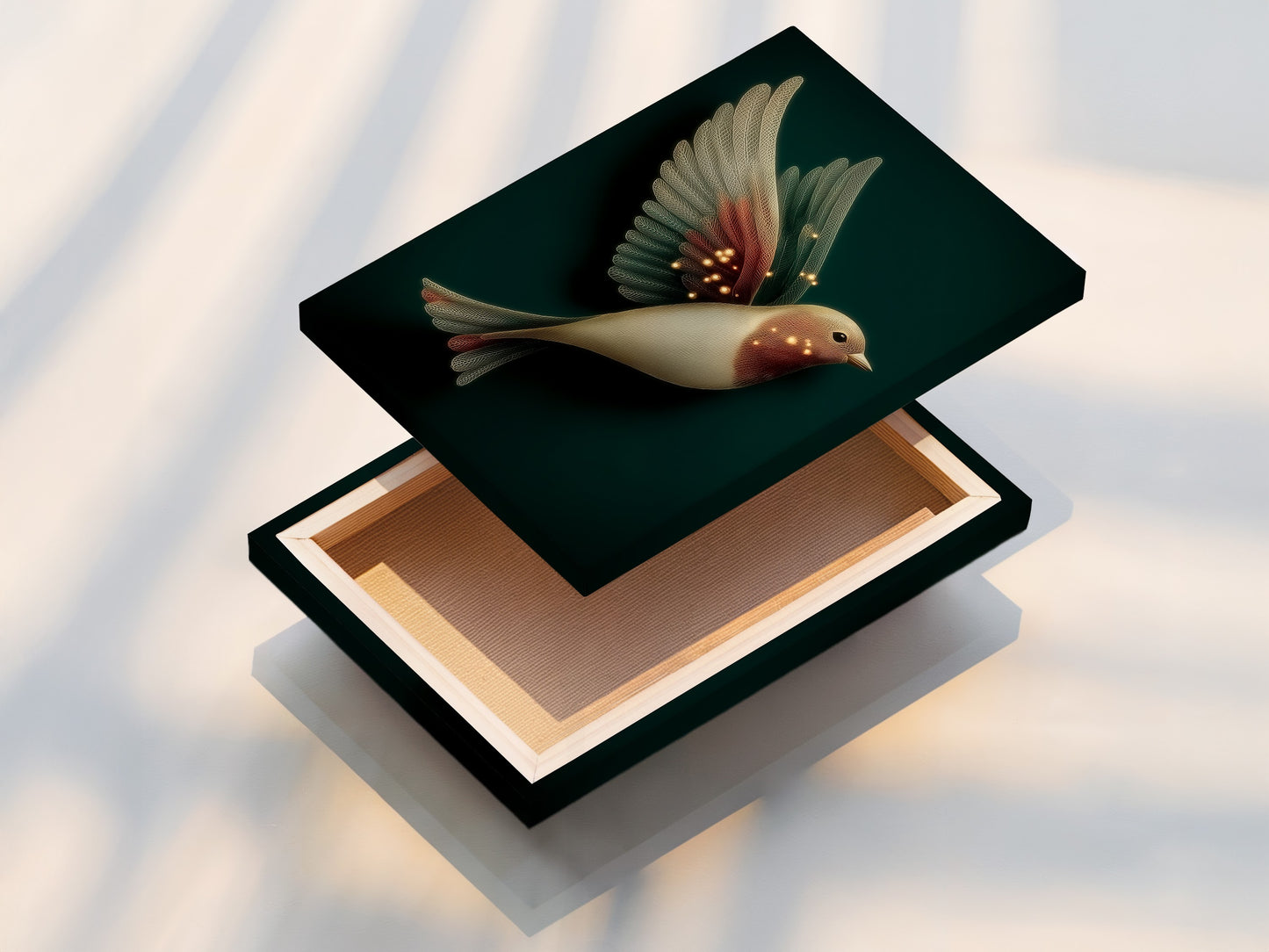 A stretched canvas print of elegant bird artwork. The fantasy wall art features neutral tones. It is perfect for bedroom wall decor. The whimsical artwork brings a touch of magic to living spaces.