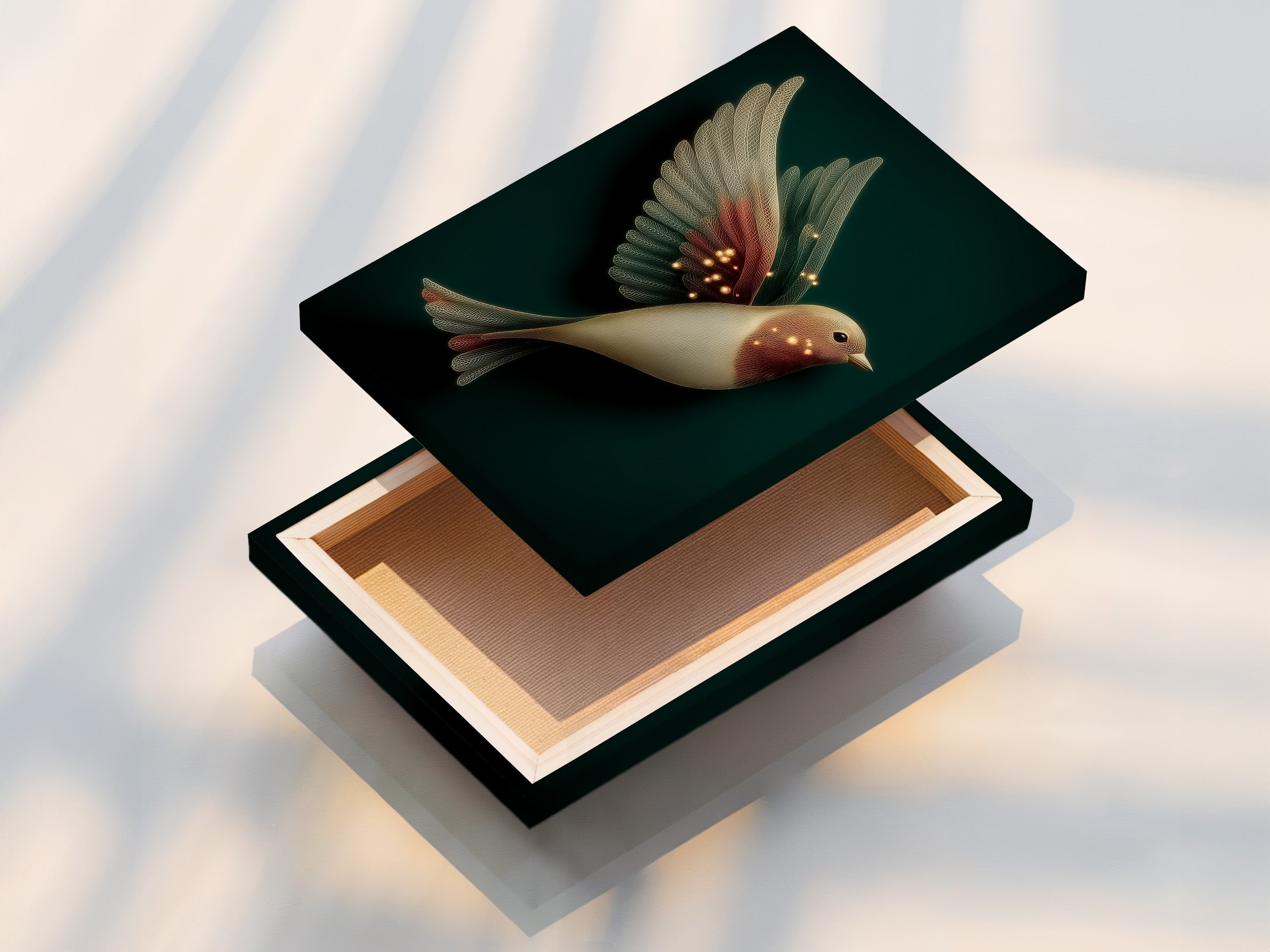 A stretched canvas print of elegant bird artwork. The fantasy wall art features neutral tones. It is perfect for bedroom wall decor. The whimsical artwork brings a touch of magic to living spaces.