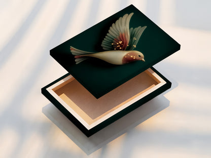 A stretched canvas print of elegant bird artwork. The fantasy wall art features neutral tones. It is perfect for bedroom wall decor. The whimsical artwork brings a touch of magic to living spaces.