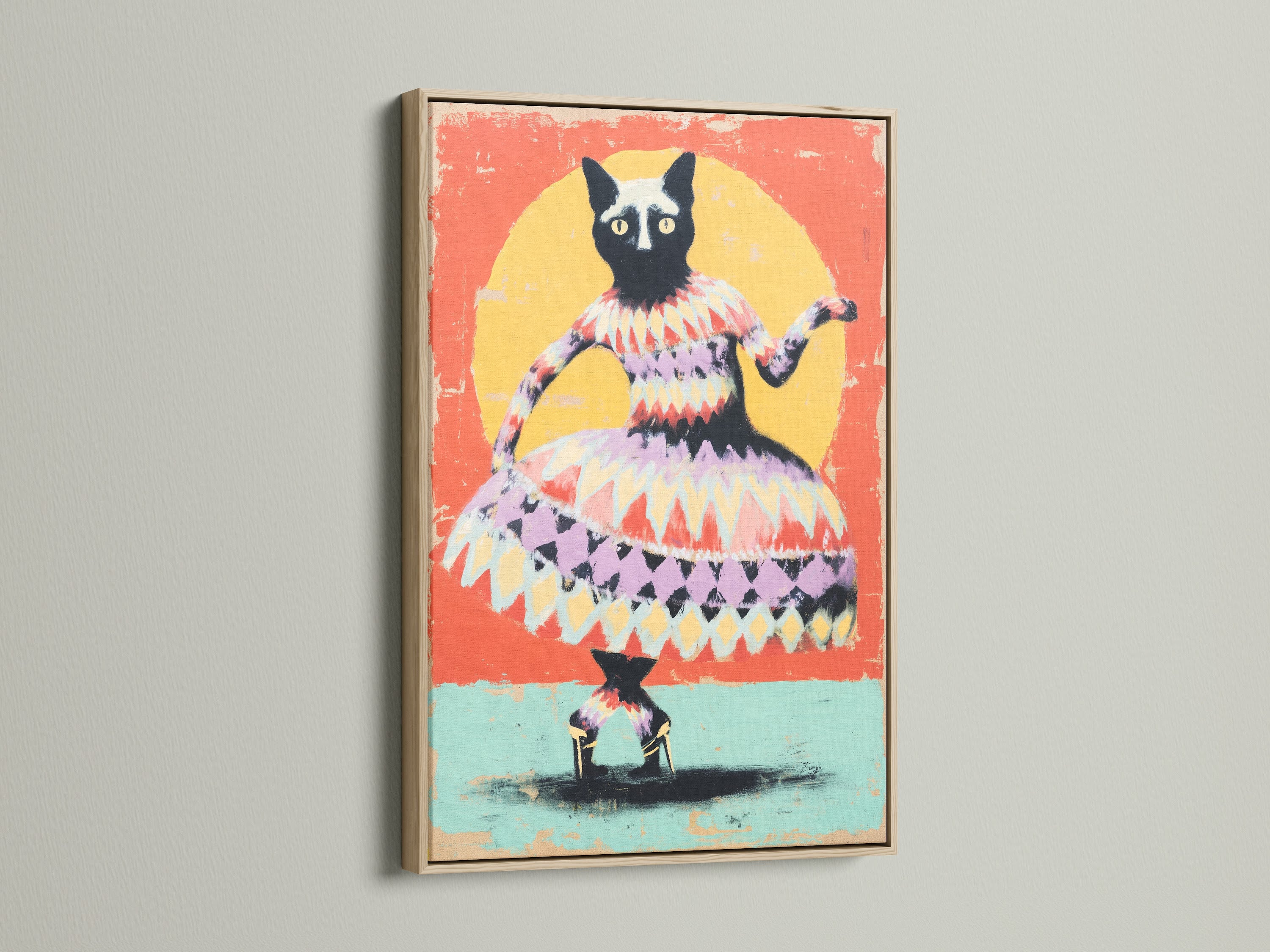 A close-up of an oak frame showcasing a whimsical cat art print. The art is vibrant with orange and yellow hues. This folk art print is ideal for adding a playful touch to any room. It's great as animal wall art or quirky cat decor.