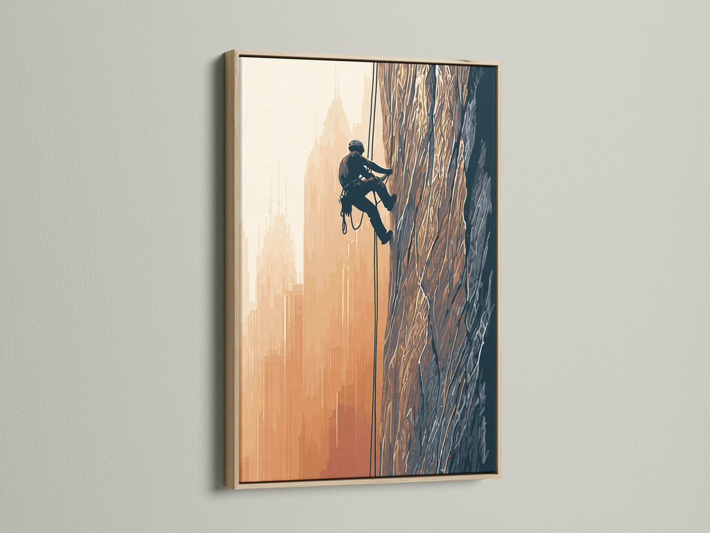 The rock climbing artwork is displayed in an oak frame. This mountain canvas print adds a modern touch. It's ideal for living rooms or offices. The urban landscape artwork is inspiring.