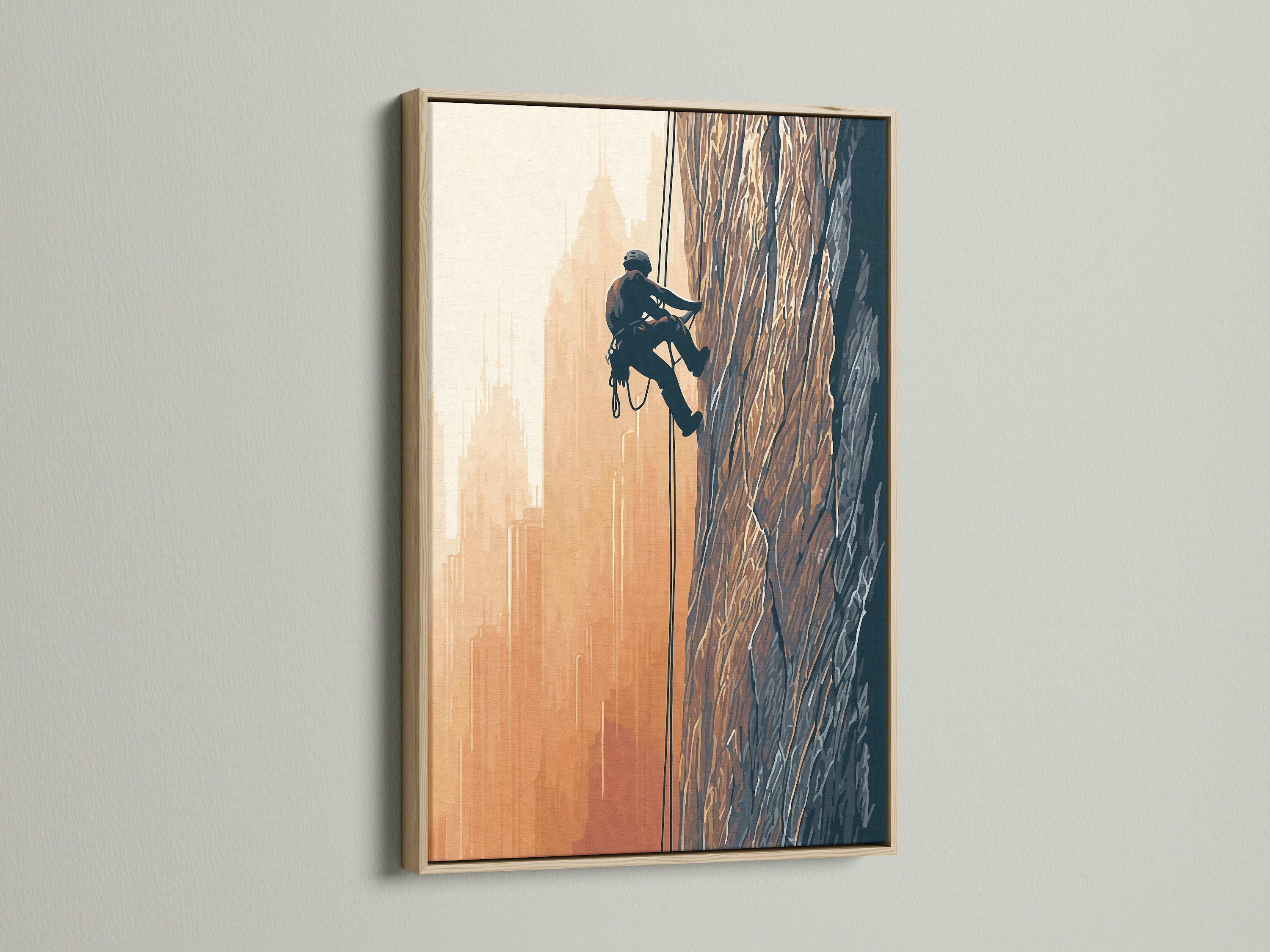 The rock climbing artwork is displayed in an oak frame. This mountain canvas print adds a modern touch. It's ideal for living rooms or offices. The urban landscape artwork is inspiring.