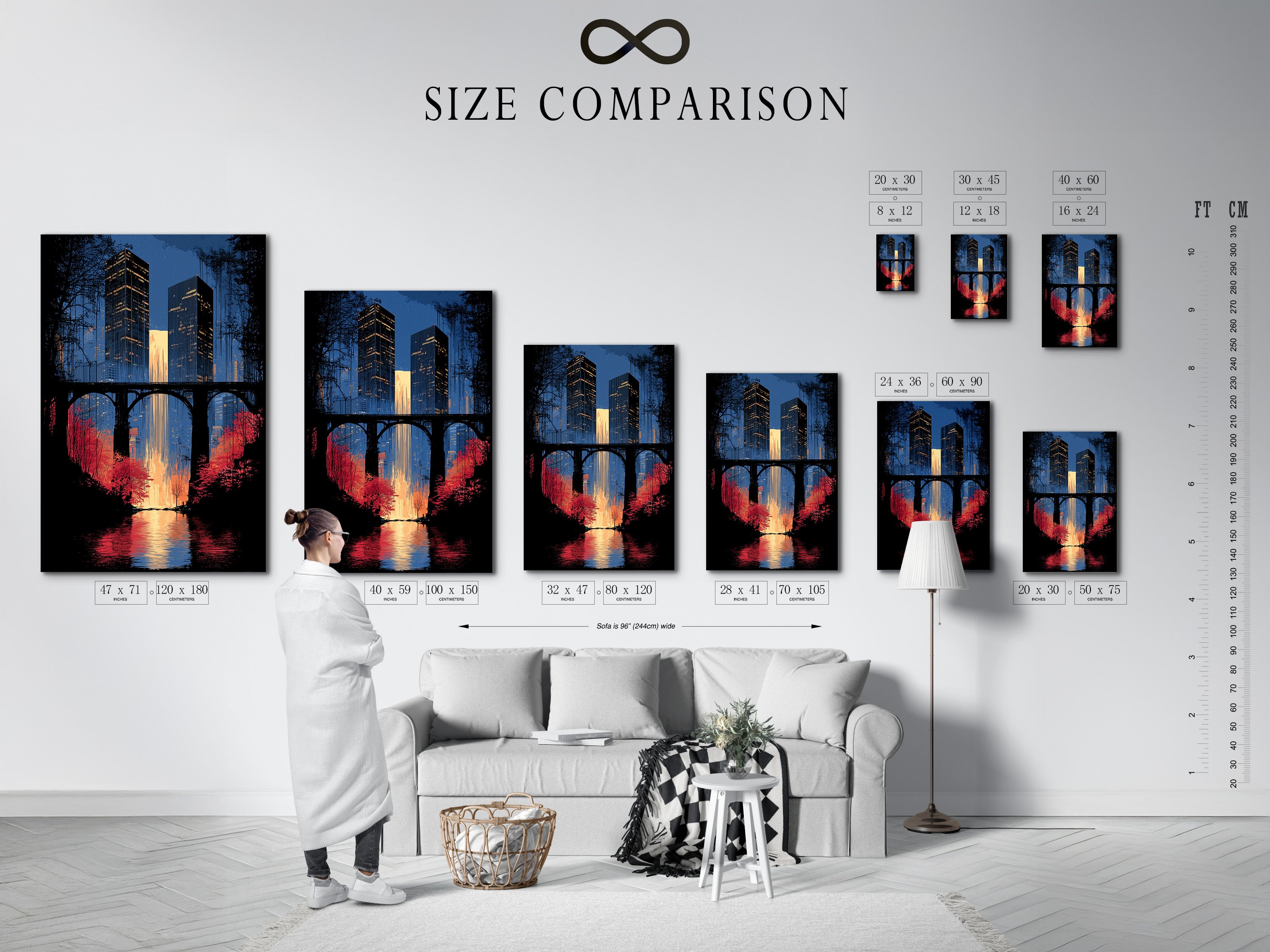Size comparison chart displayed in an interior setting. The chart showcases available sizes for the city skyline artwork. Options include urban wall art and cityscape canvas. Choose the perfect size to enhance your office wall decor. Find the ideal fit for your space.