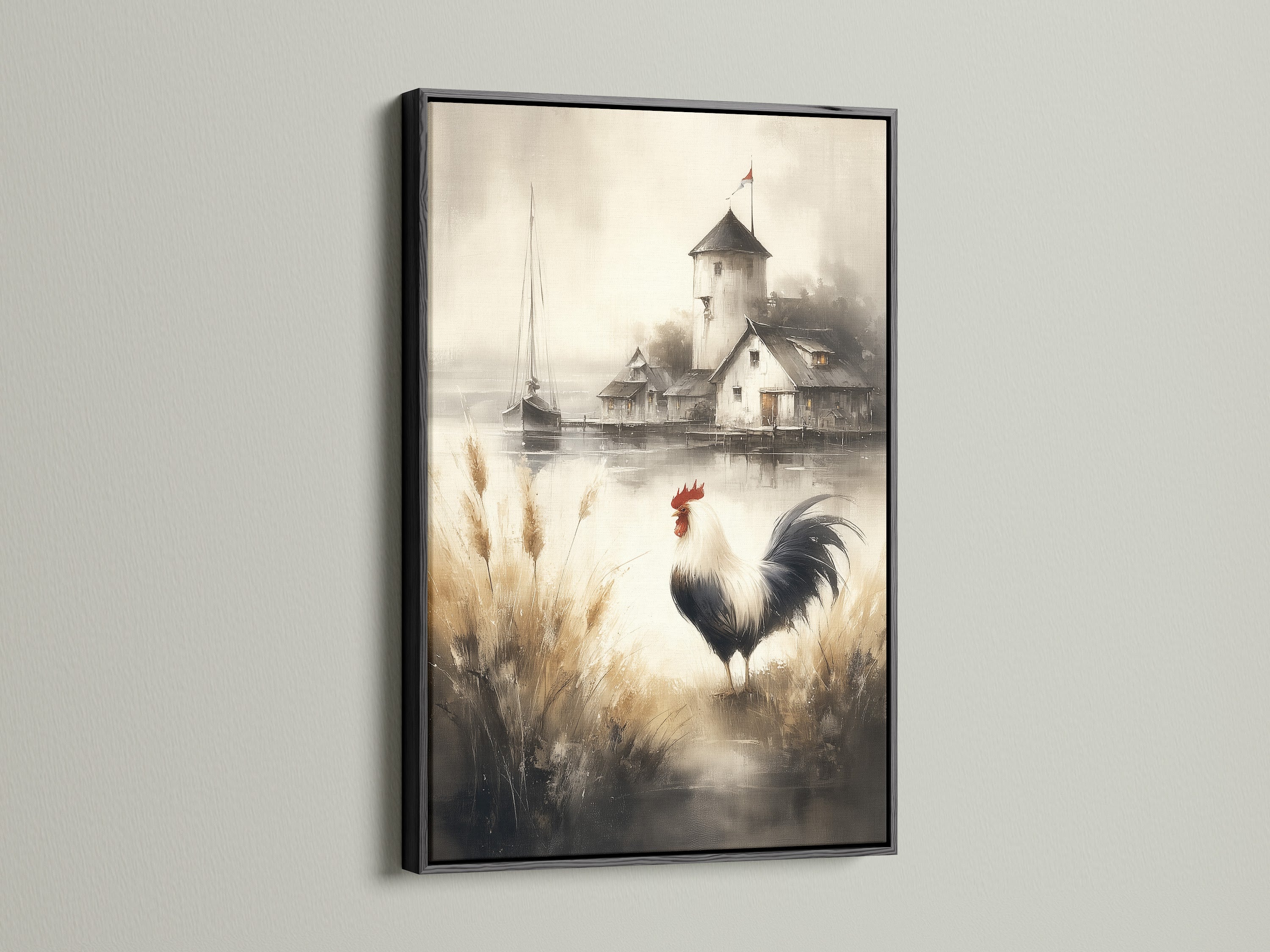 Rooster artwork is showcased in a black frame. The art makes a striking statement. This rustic canvas print suits any room. It's a vintage watercolor painting. Bring country charm with this farmhouse decor.