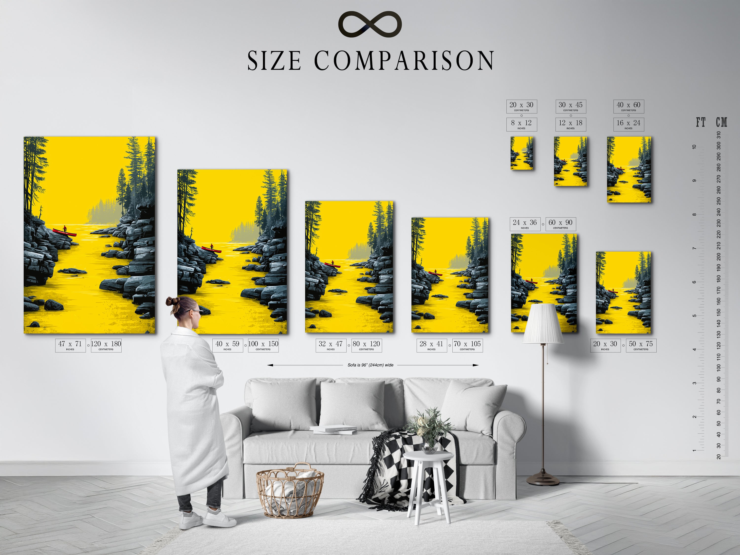 Size comparison chart in an interior setting displaying the River Kayak artwork. Visualize how this modern landscape artwork fits in your living room. Perfect for homeowners renters and business owners.