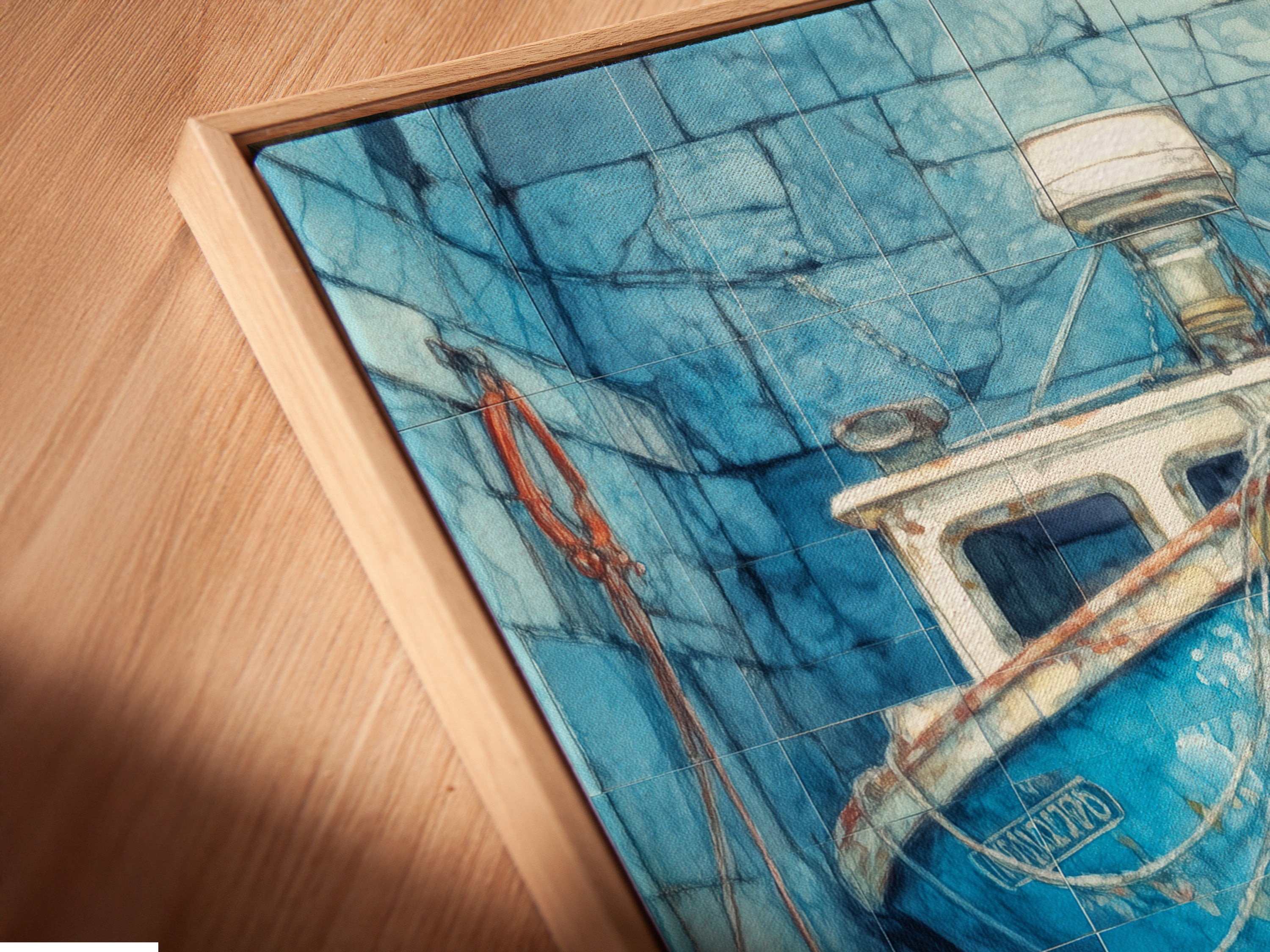 Angled close-up shows a canvas print in a floating frame. The nautical canvas enhances coastal artwork. Perfect boat artwork for your office decor. Explore sea vessel prints and ocean themed art. A thoughtful boat lover gift. Discover maritime art. Shop coastal prints today.