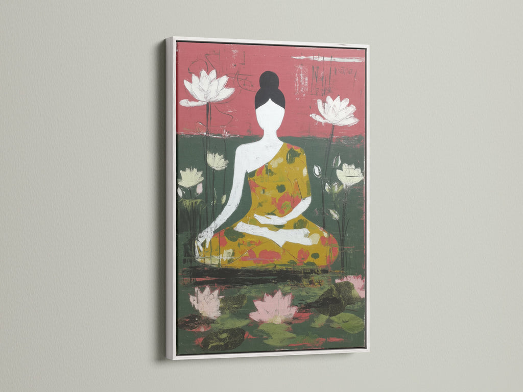 A contemporary meditation art print is showcased in a clean white frame. The artwork features a Buddha figure and lotus flowers. This zen wall decor complements yoga studios mindfulness spaces and home offices. A peaceful addition to any room.