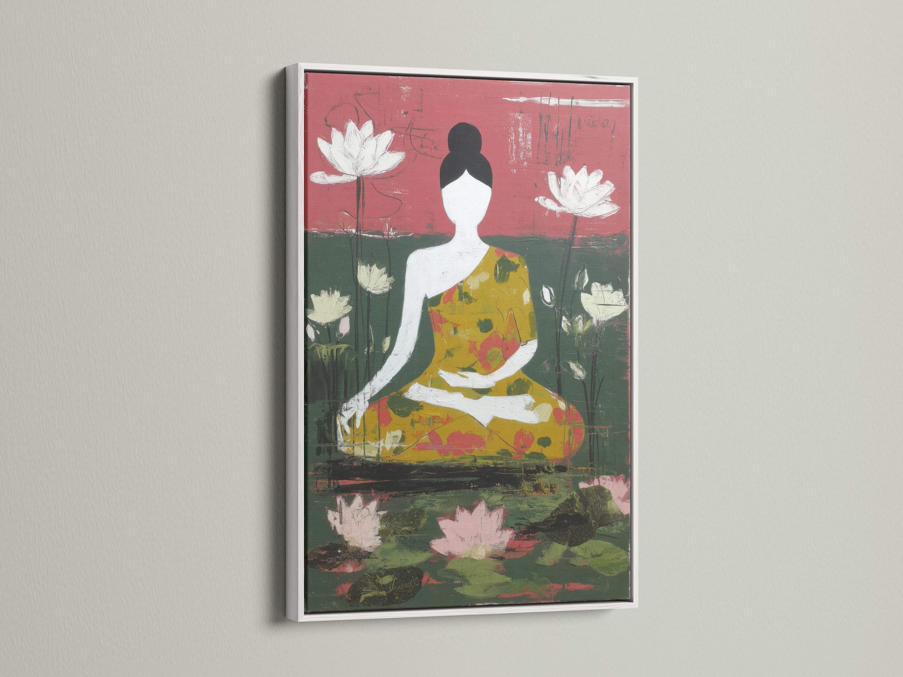 A contemporary meditation art print is showcased in a clean white frame. The artwork features a Buddha figure and lotus flowers. This zen wall decor complements yoga studios mindfulness spaces and home offices. A peaceful addition to any room.