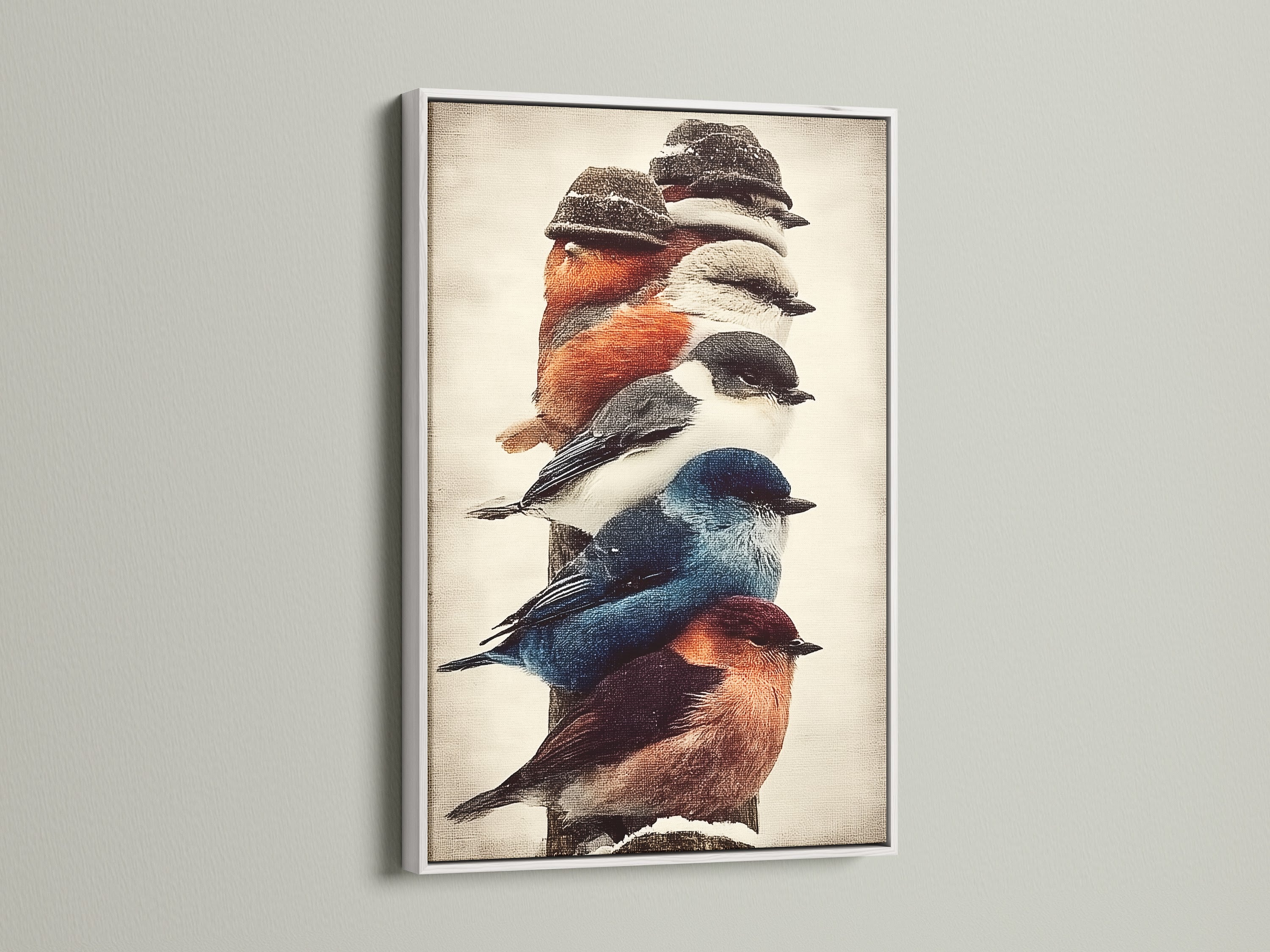 Colorful bird art displayed in a white frame. This fine art print adds a fresh touch to any room. It's perfect for nature lovers and birdwatchers. This avian artwork is a beautiful addition to your home decor.