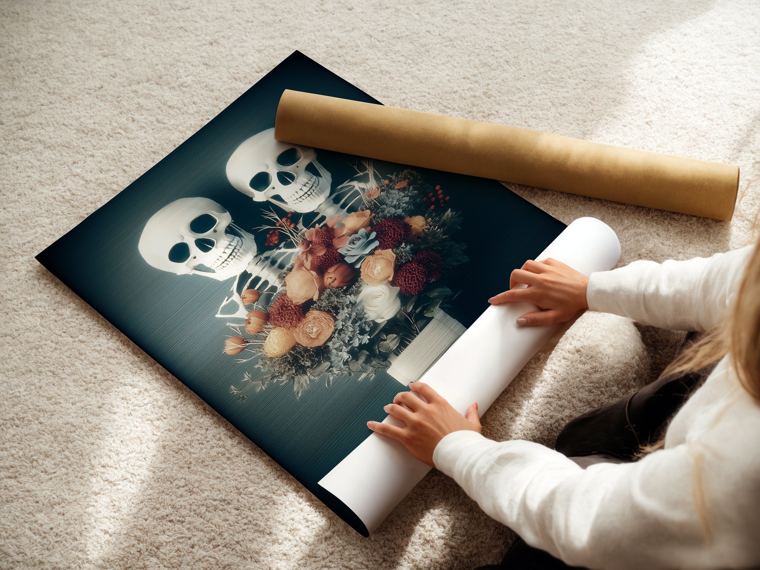 A woman carefully rolls a fine art poster paper. The paper features a floral skeleton artwork. This gothic macabre print is perfect for Halloween decor. The fine art paper enhances the details of the floral skull. It is ideal for art collectors and those who appreciate dark floral art. Perfect for framing and displaying.