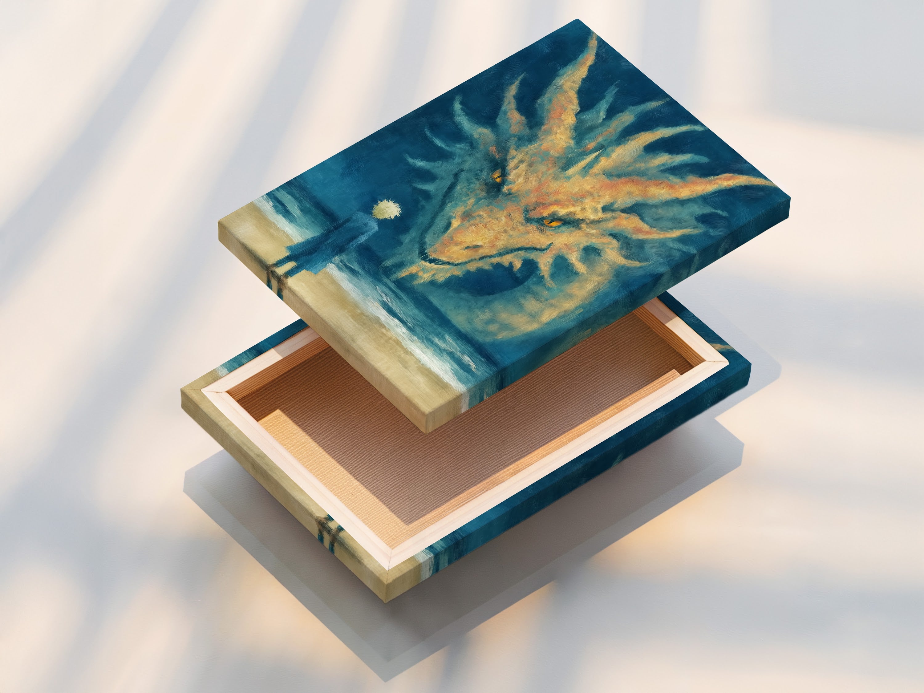 This is a stretched canvas print of a dragon art piece. The mystical fantasy artwork brings magic to your walls. The surreal ocean scene is vividly displayed. Perfect for bedroom wall decor or living room art. Enhance your space with this stunning canvas print.