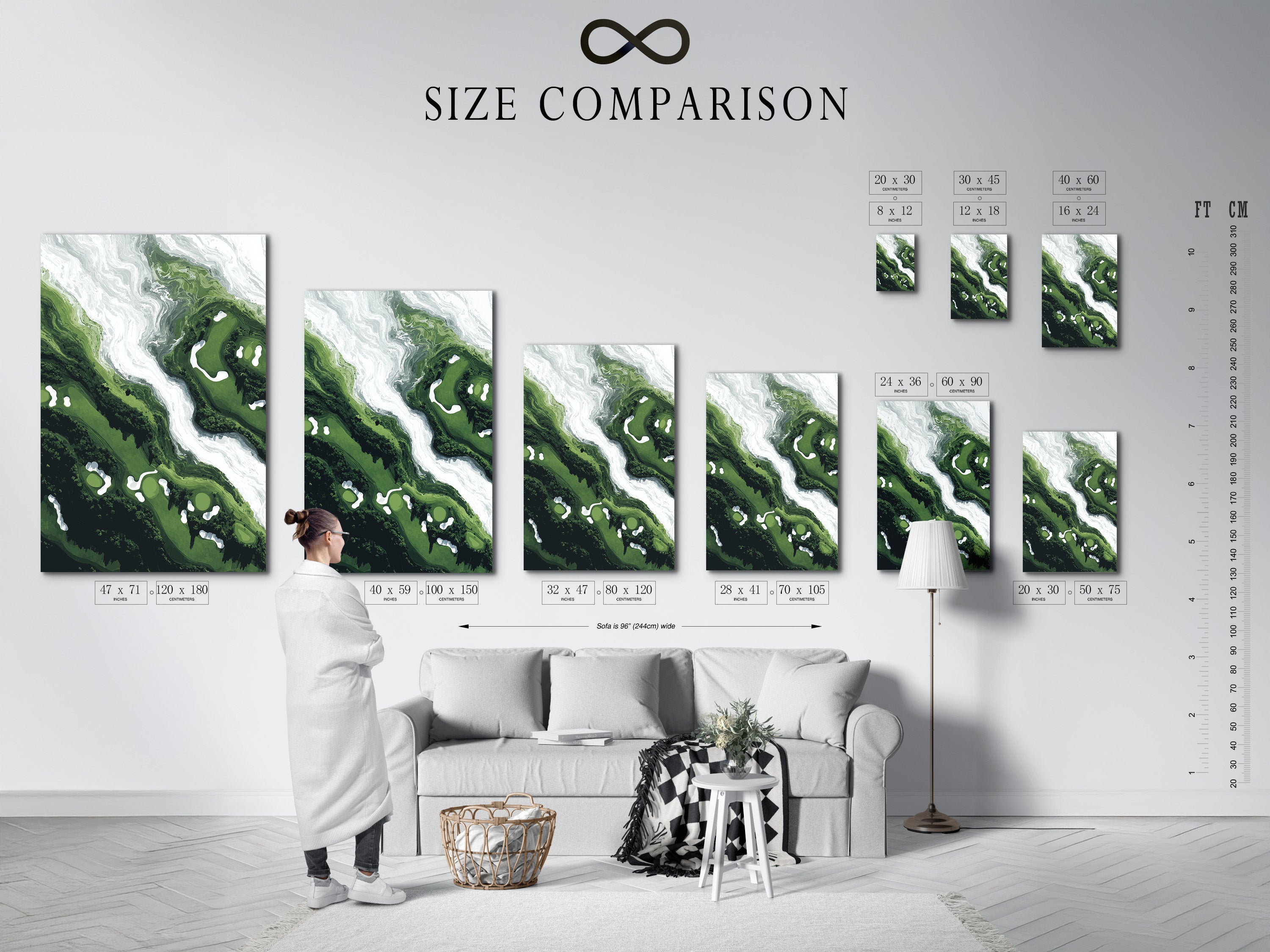 A size comparison chart is set in an interior setting. Showing the scale of green abstract art. The marble fluid canvas wall art is available in various sizes. Modern emerald and white swirl artwork to fit any space. Contemporary art to enhance your home or office.