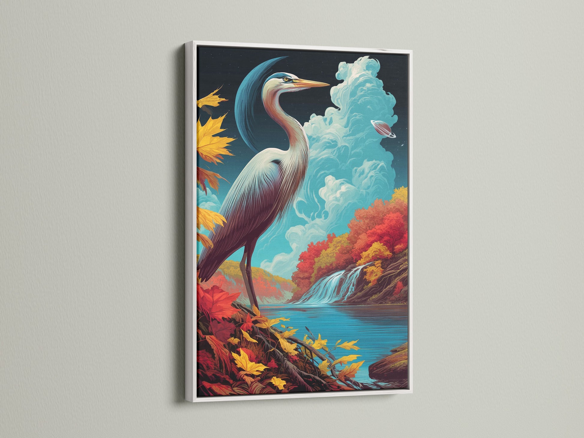 Heron art in a white frame adds a modern touch. The white frame makes the fall colors of the artwork pop. The heron bird canvas print blends seamlessly with any home wall art style.