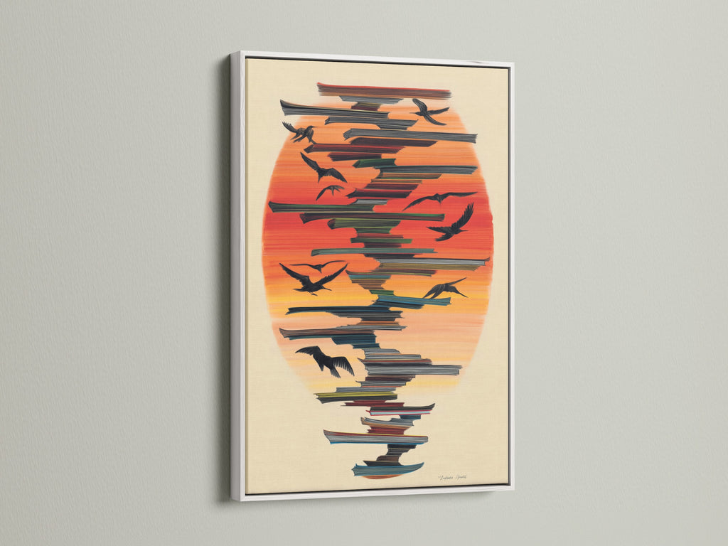 The Birds in Flight artwork is elegantly framed in white. The clean lines of the white frame complement the abstract print. It's ideal as modern artwork or coastal decor. Elevate your home decor with this bird illustration.