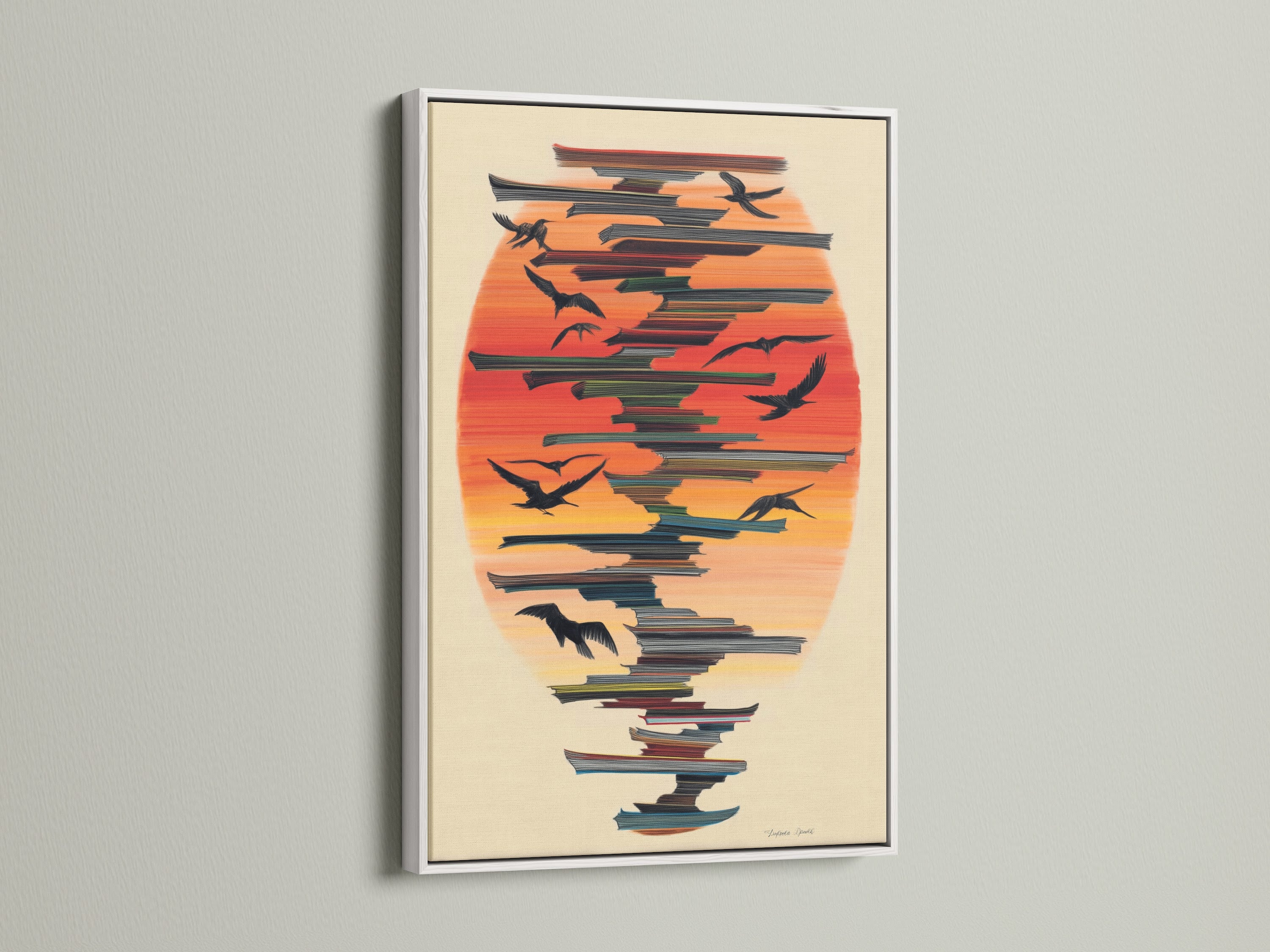 The Birds in Flight artwork is elegantly framed in white. The clean lines of the white frame complement the abstract print. It's ideal as modern artwork or coastal decor. Elevate your home decor with this bird illustration.