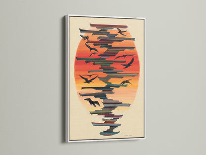 The Birds in Flight artwork is elegantly framed in white. The clean lines of the white frame complement the abstract print. It's ideal as modern artwork or coastal decor. Elevate your home decor with this bird illustration.