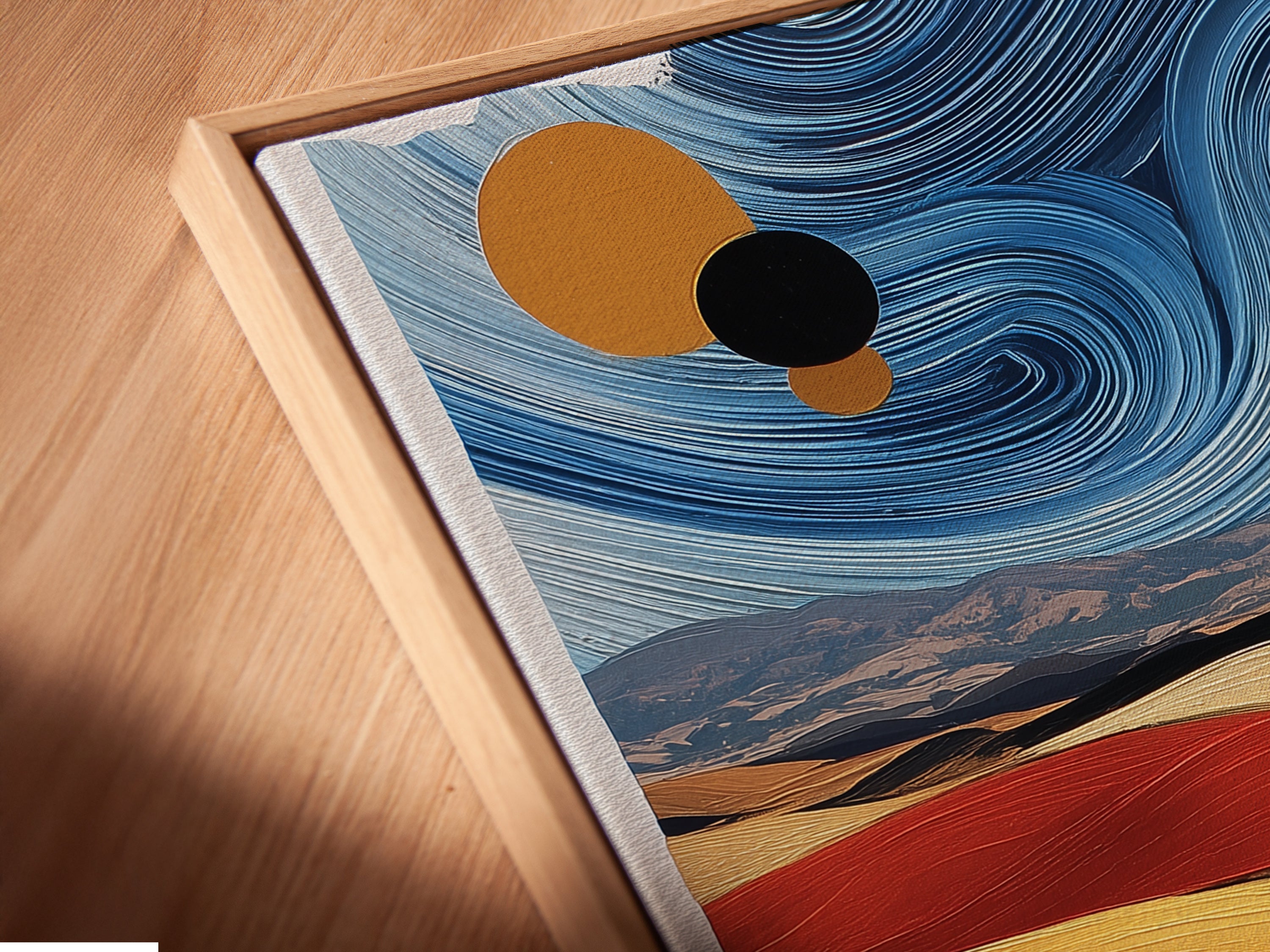 A close-up angled view of a canvas print in a floating frame. The abstract landscape artwork is highlighted. The surreal farm art stands out. This contemporary country wall decor enhances any space. The fine details and floating frame create a modern aesthetic.