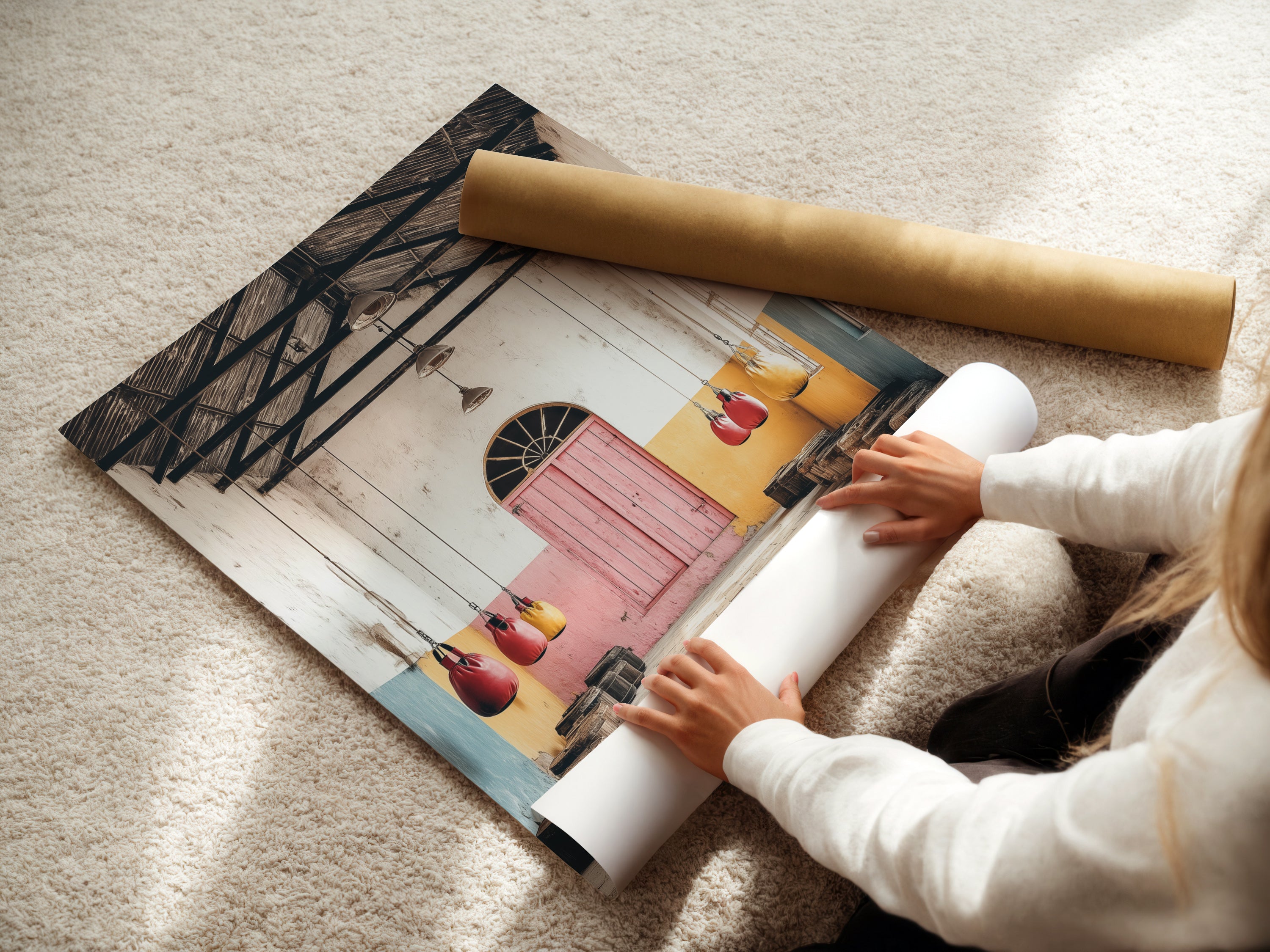 A woman is carefully rolling a fine art poster paper. This vintage sport print is ready for framing. The pastel wall art is perfect for home or business. The fine art paper showcases the artwork beautifully. Ideal for art lovers and collectors.