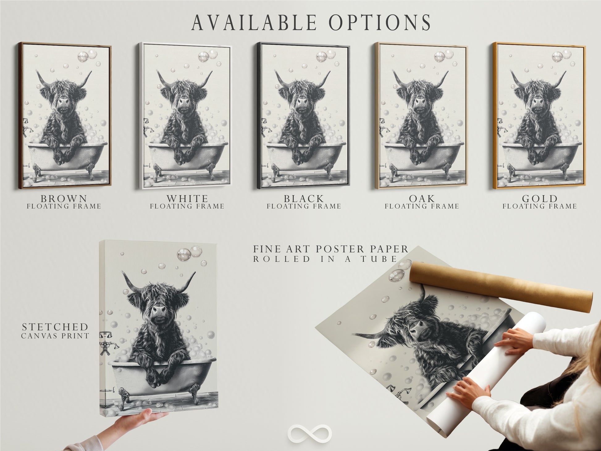 Available options are displayed for Highland Cow art prints. The artwork features a black and white image of a cow relaxing in a bathtub filled with bubbles. Options include a stretched canvas print a fine art poster and a floating frame. Enhance your home decor with this funny animal print.