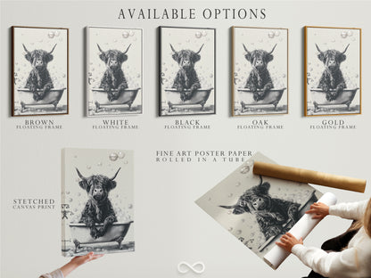 Explore available options for this highland cow in bathtub artwork. Choose from stretched canvas print fine art poster paper or floating frame. This funny animal print is perfect for bathroom wall art. Customize your restroom decor today. Find the perfect piece for your home.