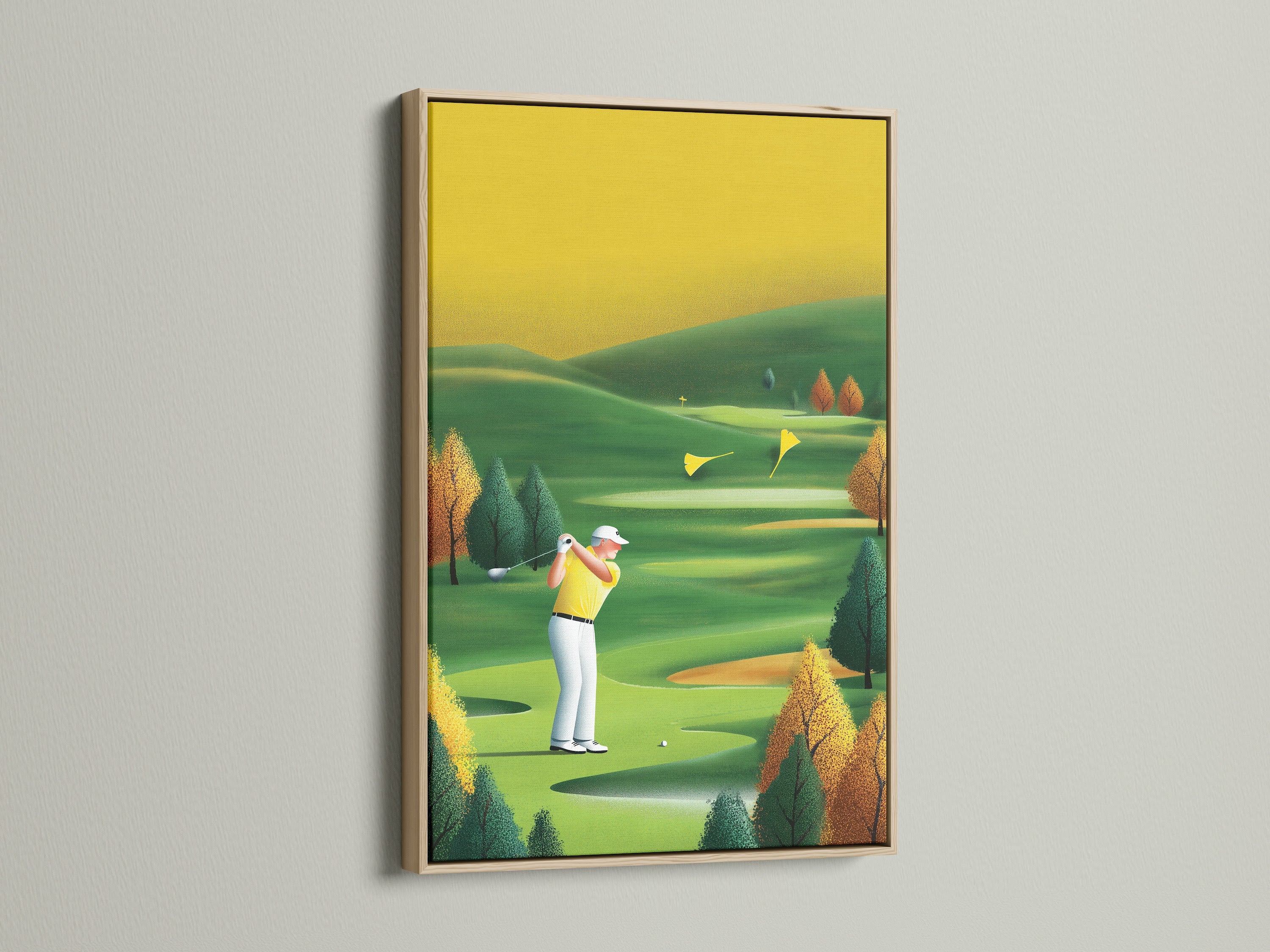 A captivating golf course art print in an oak frame. This vintage golf art is ideal for sports wall decor. It enhances any office or man cave. The green and yellow tones bring a mid-century touch. Perfect gift for golf lovers and sports fans.