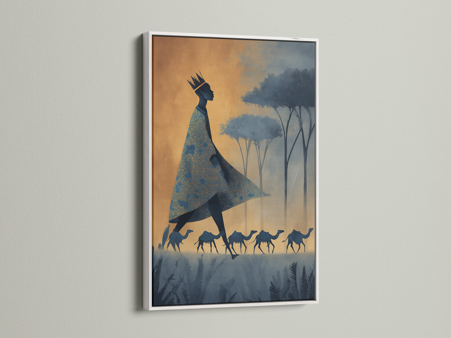 A white frame elegantly showcases this unique artwork. It depicts a majestic figure with camels in a stylized landscape. The clean white frame adds a modern touch. It allows the artwork to truly stand out. Perfect for contemporary interiors