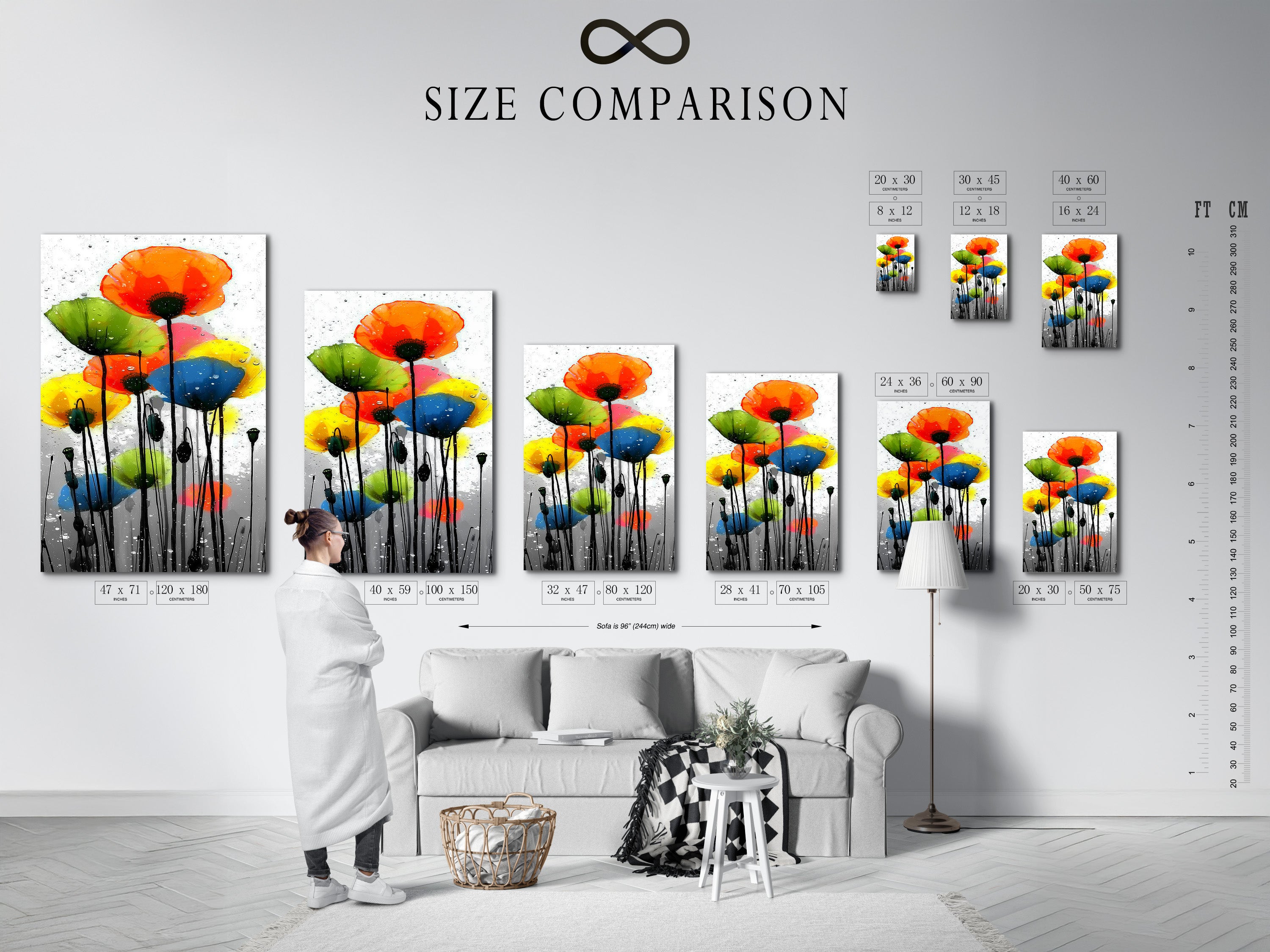 A size comparison chart is shown in an interior setting. It helps visualize how the colorful poppy artwork fits in your space. Choose the perfect size for your modern floral wall art. The abstract flower painting will enhance any room.