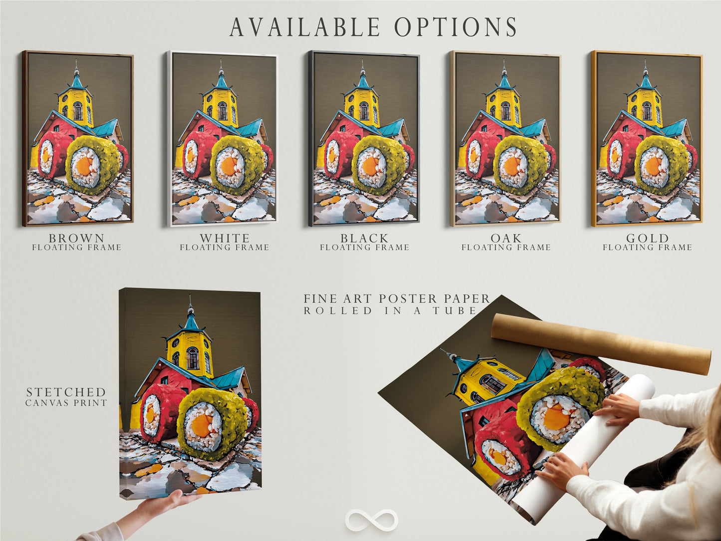 Available options for sushi artwork are displayed. Stretched canvas print fine art poster paper and floating frame. Catering to different preferences for kitchen wall decor. Ideal for modern and eclectic styles.