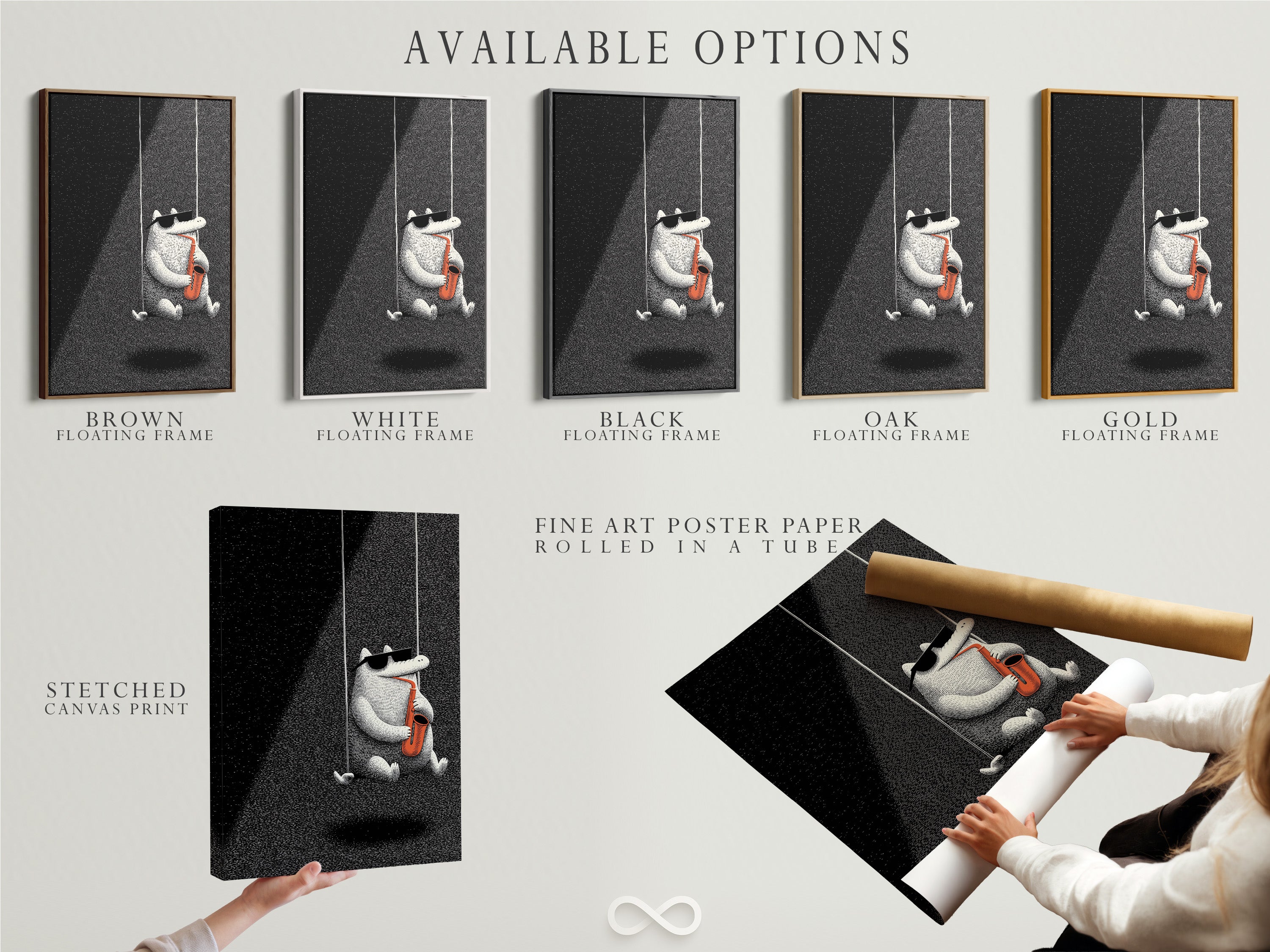 Explore our available options for your artwork. Choose from stretched canvas prints. Select fine art poster paper or a floating frame. Customize your art to match your unique style and decor needs.