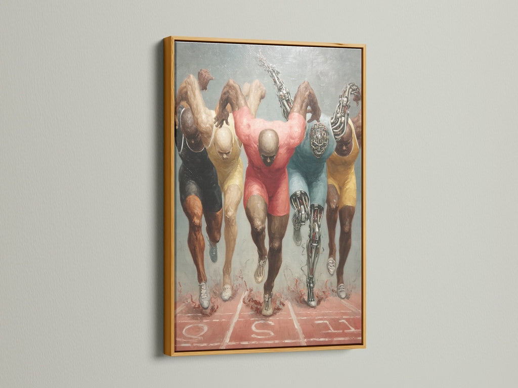 Running athletes artwork in a gold frame. This sports print exudes luxury and style. The gold frame enhances the artwork's energizing feel. Perfect for creating an inspiring office or home gym sports decor. It adds a touch of elegance.
