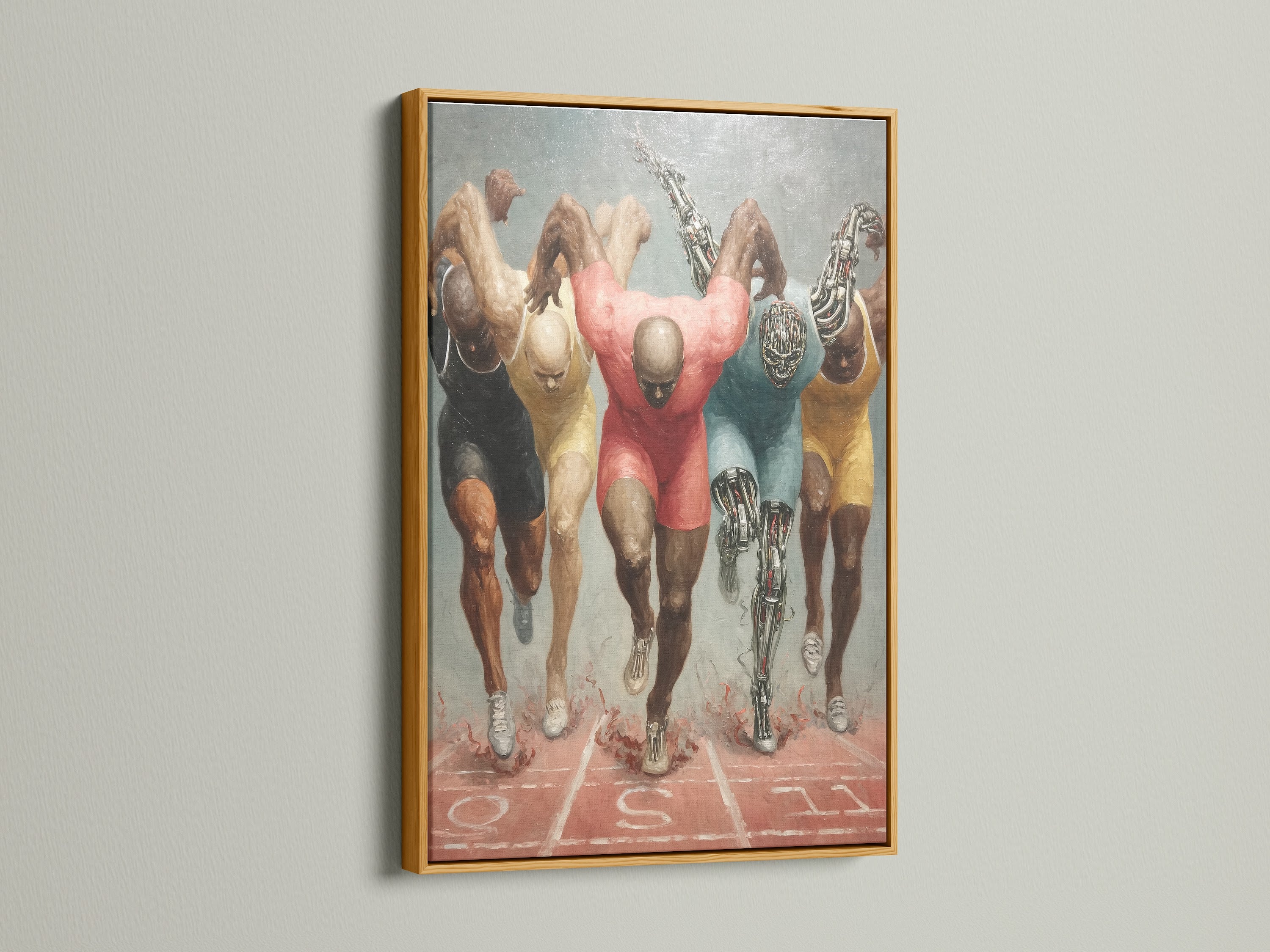 Running athletes artwork in a gold frame. This sports print exudes luxury and style. The gold frame enhances the artwork's energizing feel. Perfect for creating an inspiring office or home gym sports decor. It adds a touch of elegance.