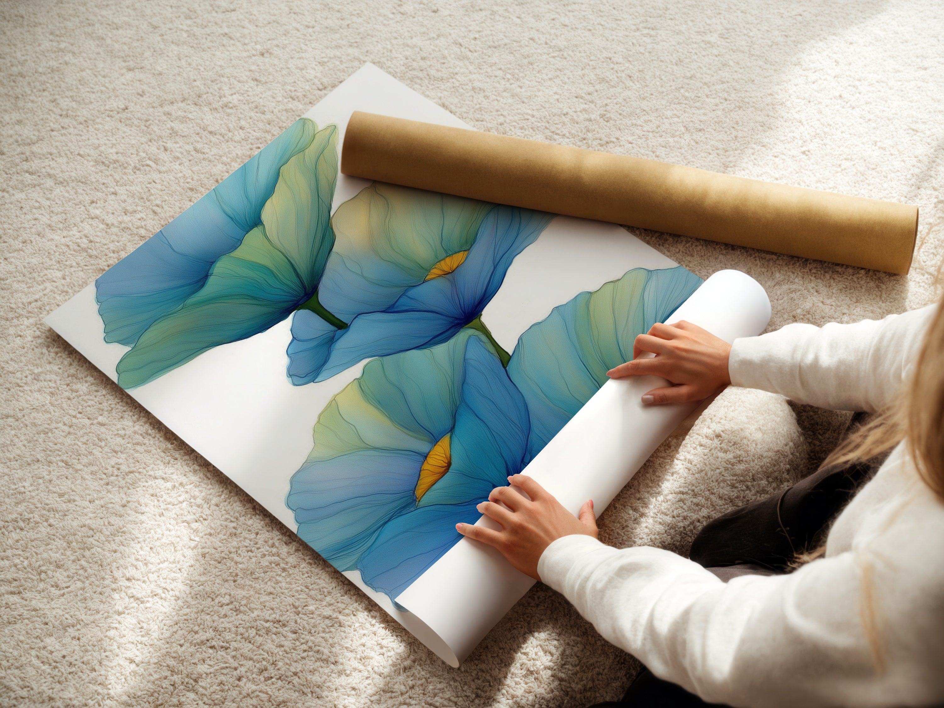 A woman is carefully rolling a fine art poster paper. The poster features a beautiful blue floral . This botanical print is perfect for modern home decor. High-quality teal art print for discerning art lovers.